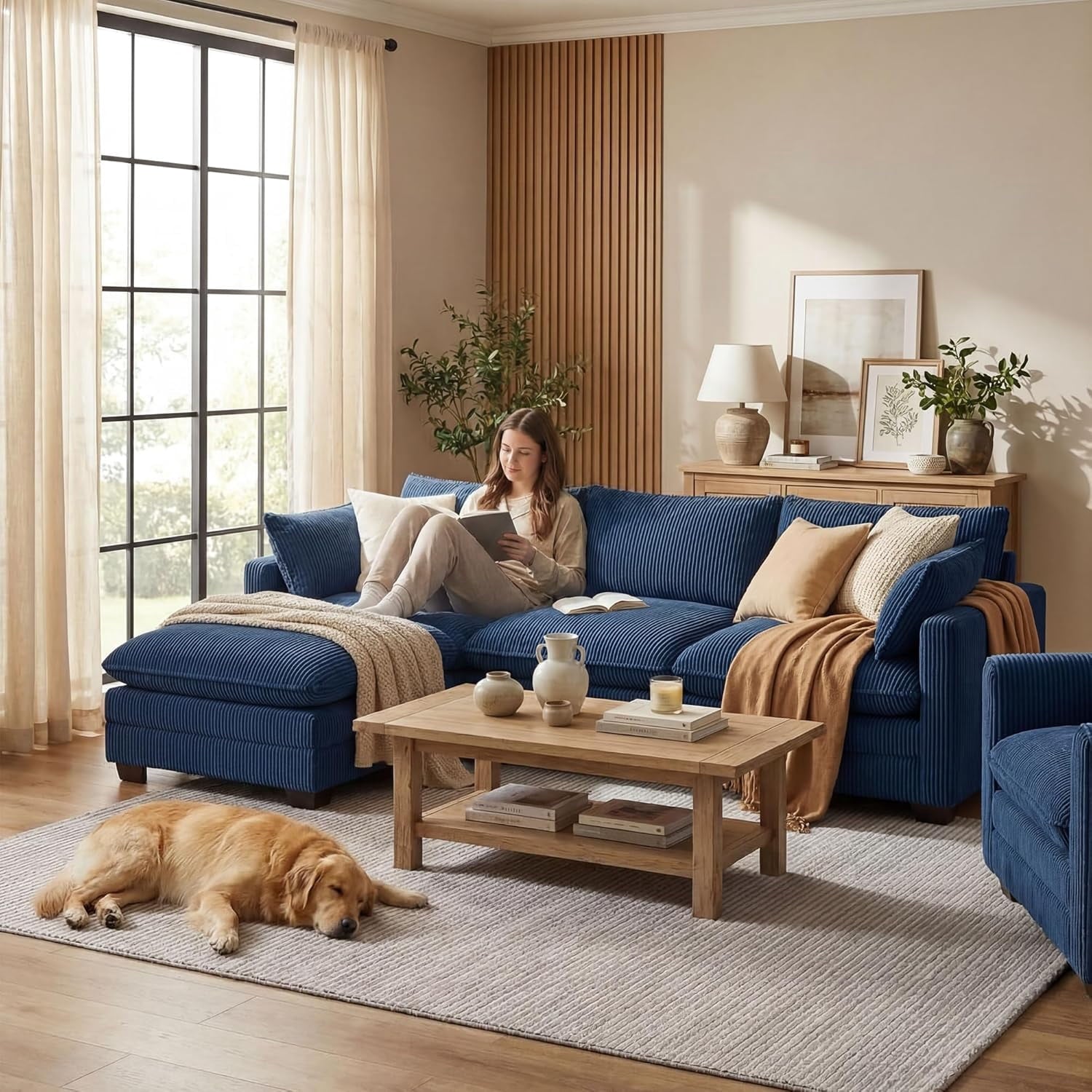 110'' Oversized L Shaped Couch for Living Room, Cloud Couches with Washable Corduroy Cover, Modern 4-Seater Comfy Deep-Seat Sofa with Movable Ottoman and 2 Throw Pillows for Apartment, Gray