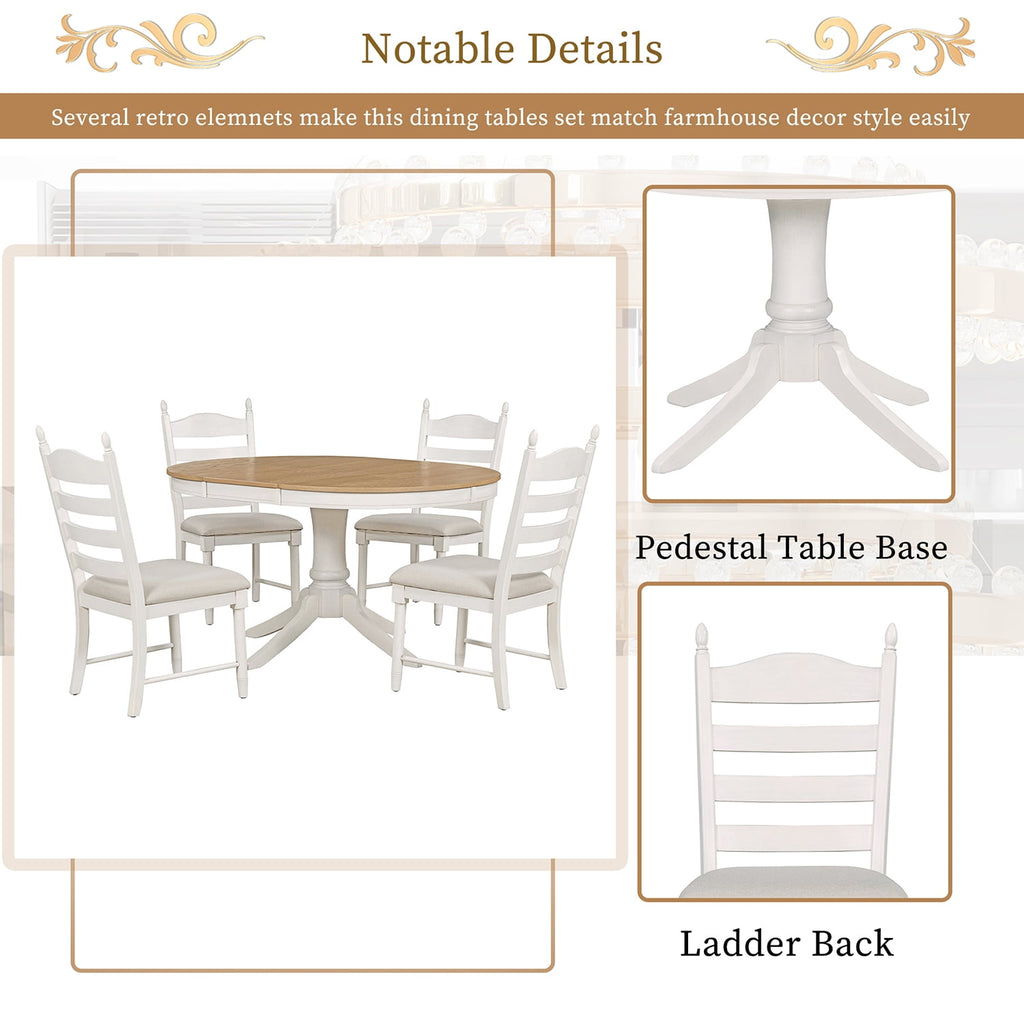 Harper & Bright Designs Farmhouse 5 Piece Kitchen Dining Table Set for 4, Solid Wood Extendable Round Dining Table Set and 4 Upholstered Chairs, Retro Dining Set for Kitchen, Natural Wood Wash