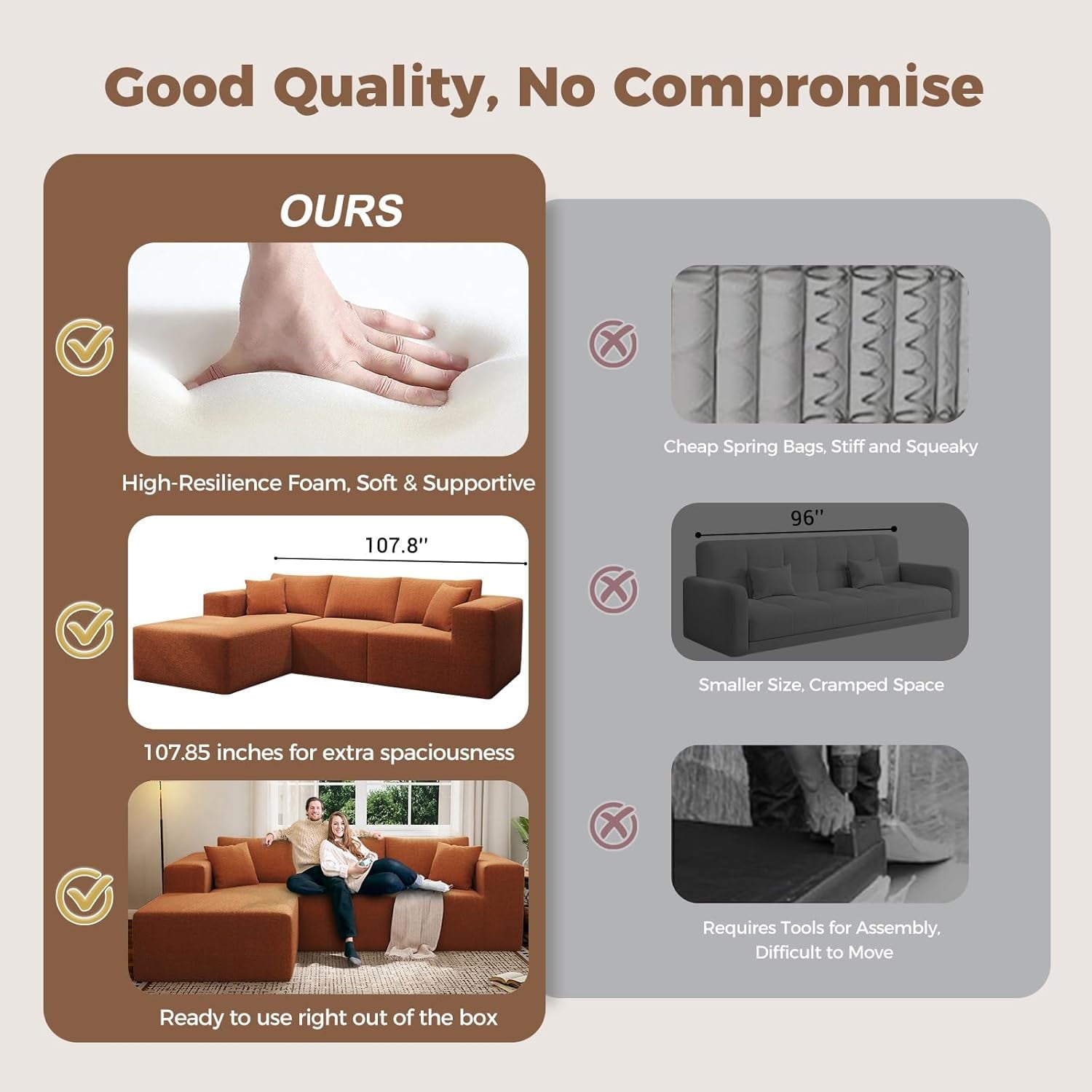 YVDNHP Modular Cloud Sofa - No Assembly Required, 107.8 Oversized L-Shaped Sectional with Chaise, Flannel Fabric Deep Seating Couch for Living Room