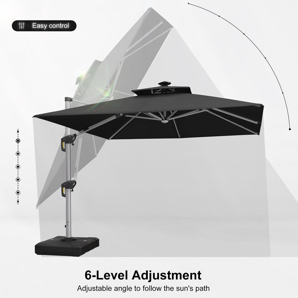 PURPLE LEAF 9 x 12FT Deluxe Rectangle Solar Powered LED Patio Umbrella with Base, Large Offset Cantilever Umbrella with 360° Rotation, Navy Blue