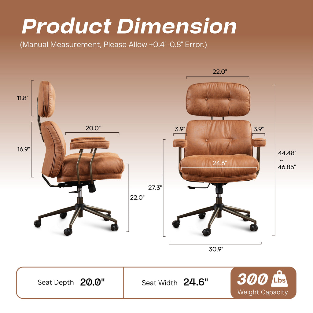 Toject Ergonomic Office Chair, High Back Big Comfy Home Office Chair with Lumbar Support, Mid-Century Modern Computer Executive Office Chair, Brown