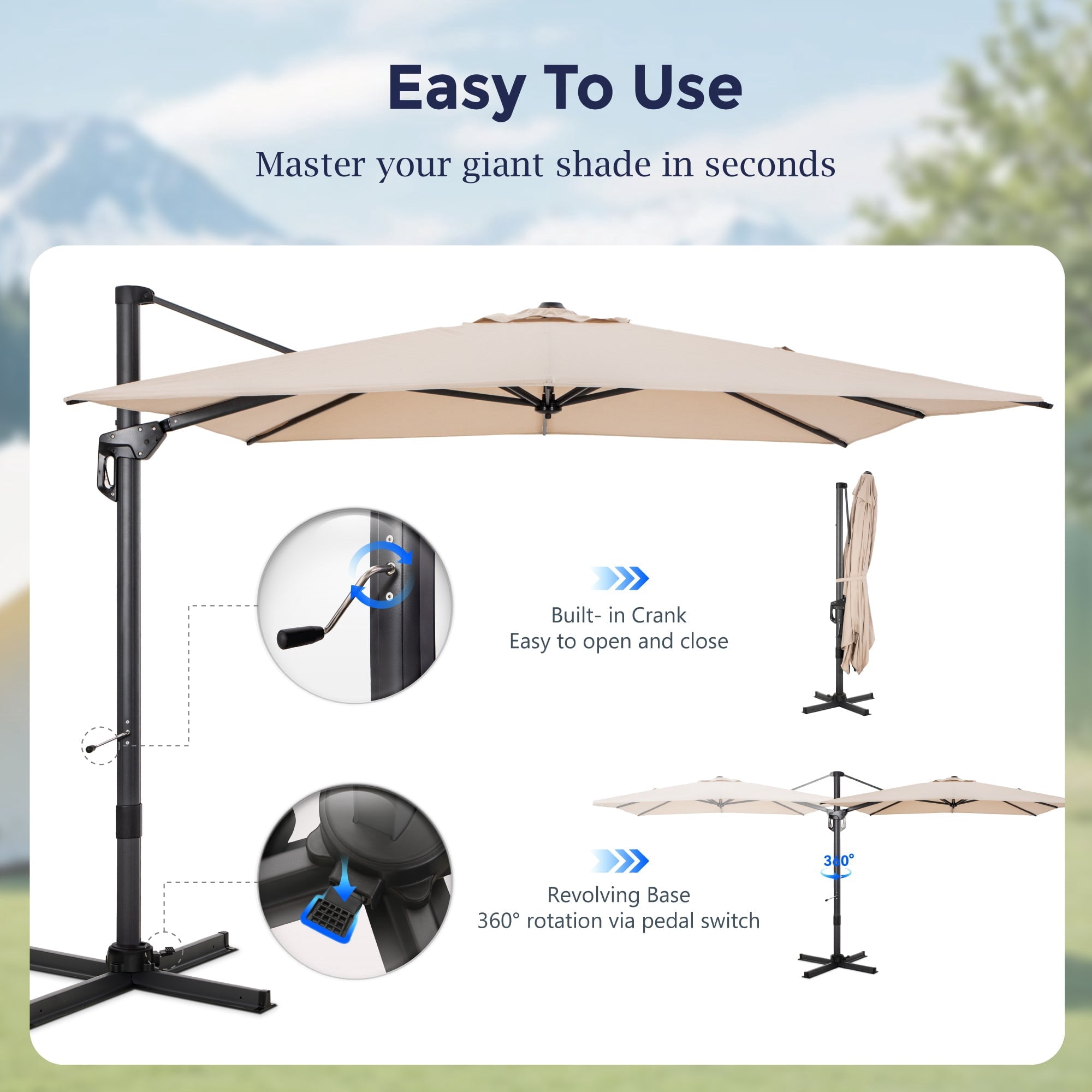 Alpha Joy 12x9ft Outdoor Patio Umbrella Large Rectangle Offset Cantilever Double Umbrella with 360°Rotation, Beige