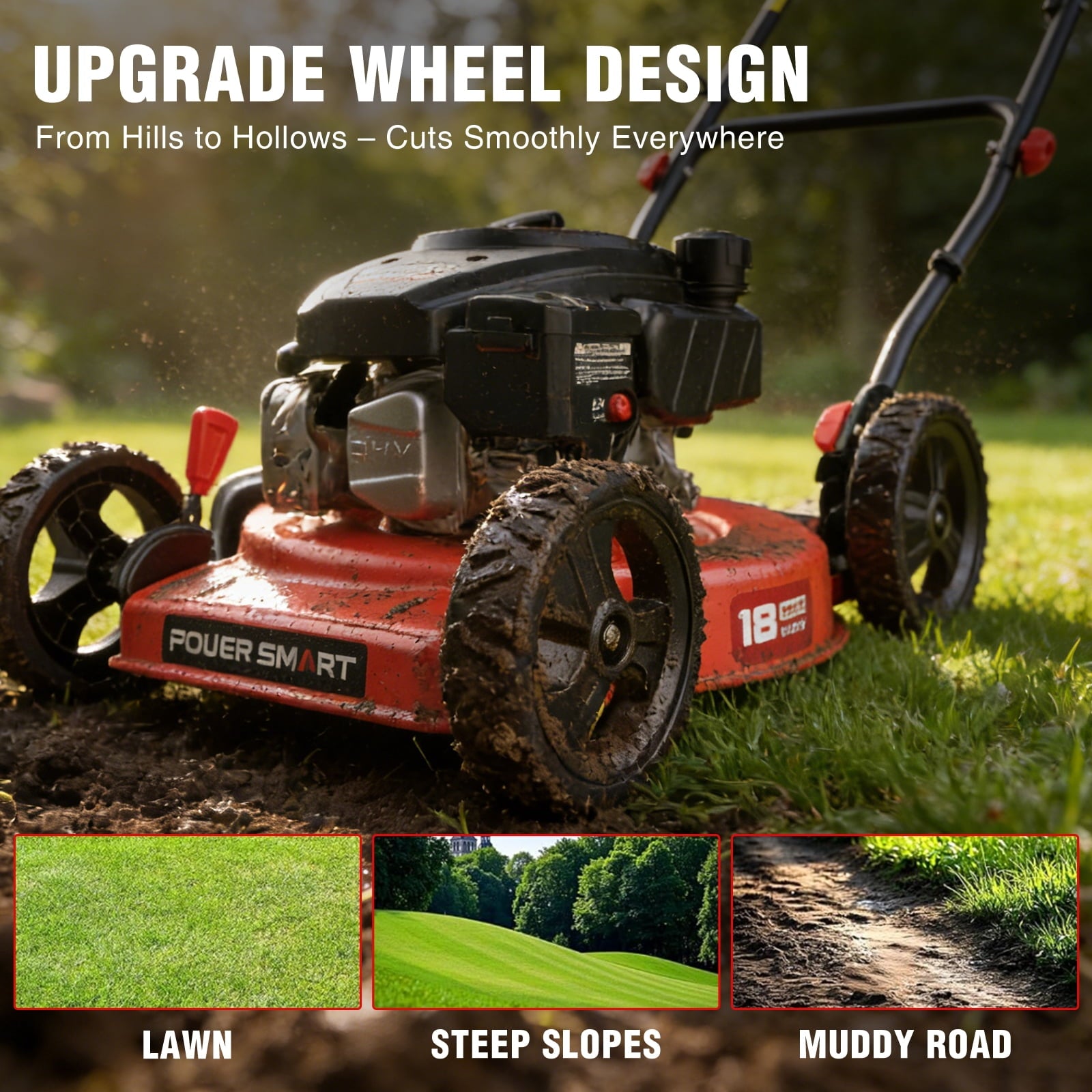 PowerSmart 144cc 18  Gas Push Lawn Mower, Steel Deck, 5-Position Height Adjustment
