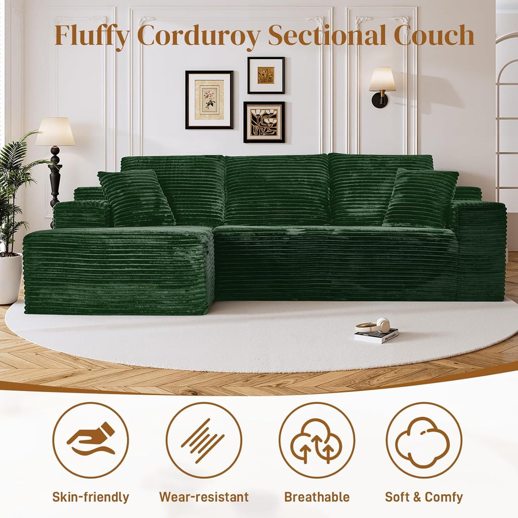 LLappuil 108 Sectional Sofa, Modular Sectional Couch with Left Chaise, Deep Seat Corduroy Cloud Sofa for Living Room Black