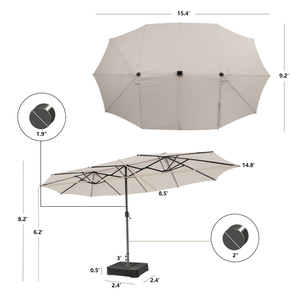 Gymax Outdoor 15' Double-Sided Patio Umbrella 48 Solar LED Lights Crank & Base Coffee
