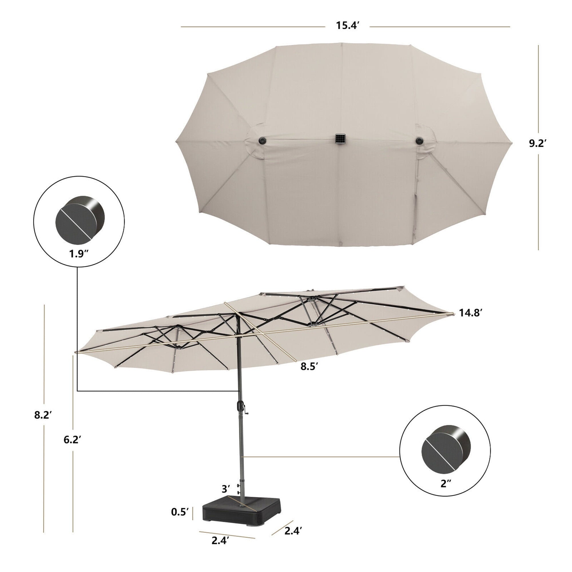 Gymax Outdoor 15' Double-Sided Patio Umbrella 48 Solar LED Lights Crank & Base Coffee