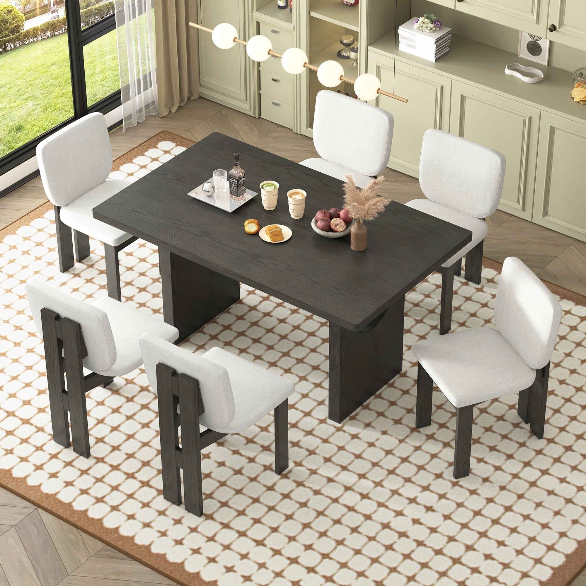 Euroco 7-Piece Dining Table Set for 6, 59 Kitchen Table Set with 6 Upholstered Chairs and Wooden Frame,Retro Dining Set for Kitchen Dining Room, Natural