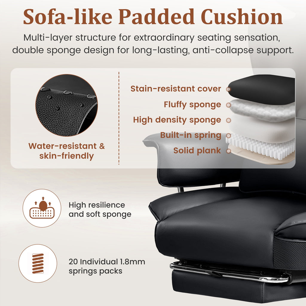 COOLHUT Big and Tall Office Chair 500LBS Wide Seat Ergonomic Computer Desk Chair, PU Leather Executive Office Chair with Footrest, Adjustable Task Chair Lumbar Back Support 8 Hour, Black