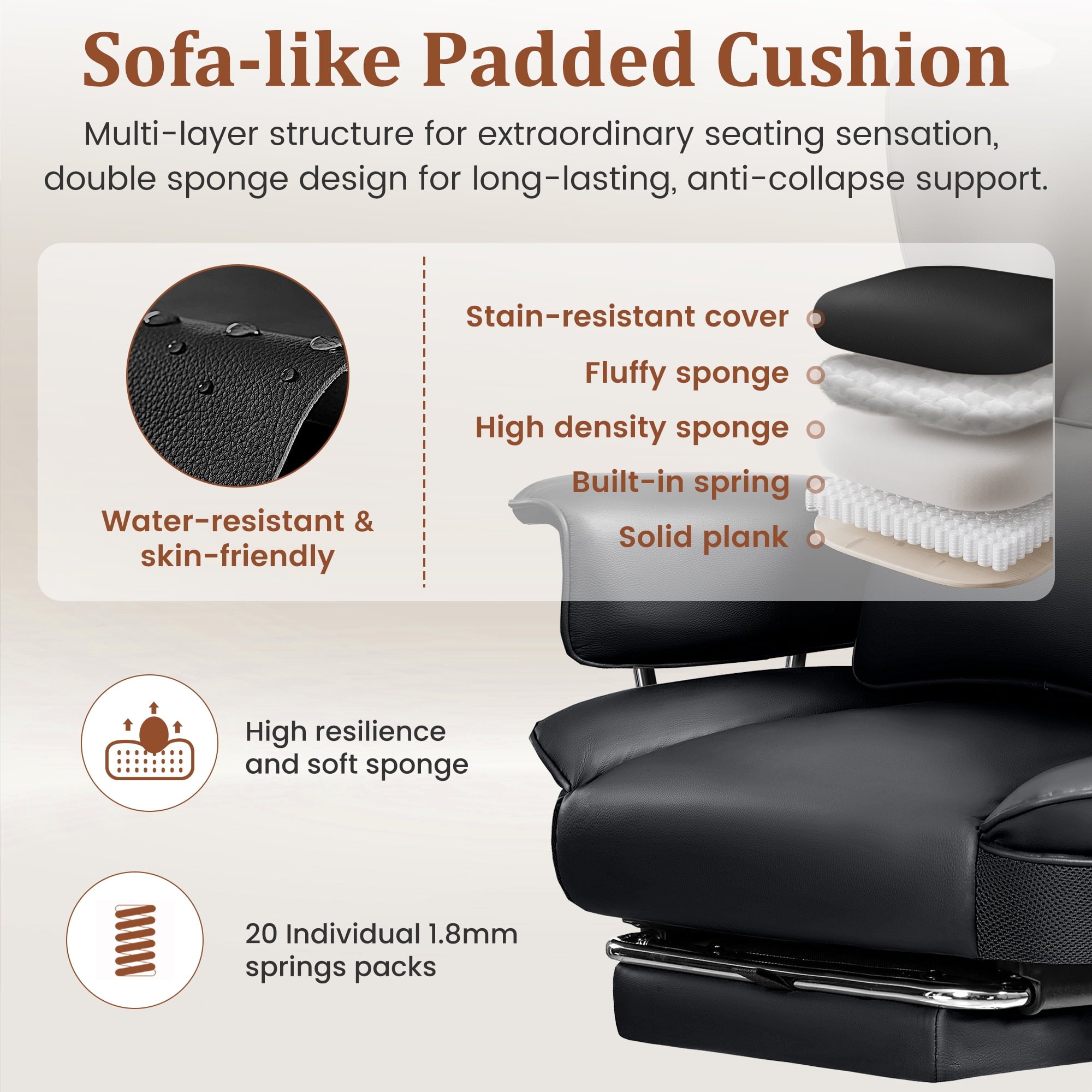 COOLHUT Big and Tall Office Chair 500LBS Wide Seat Ergonomic Computer Desk Chair, PU Leather Executive Office Chair with Footrest, Adjustable Task Chair Lumbar Back Support 8 Hour, Black