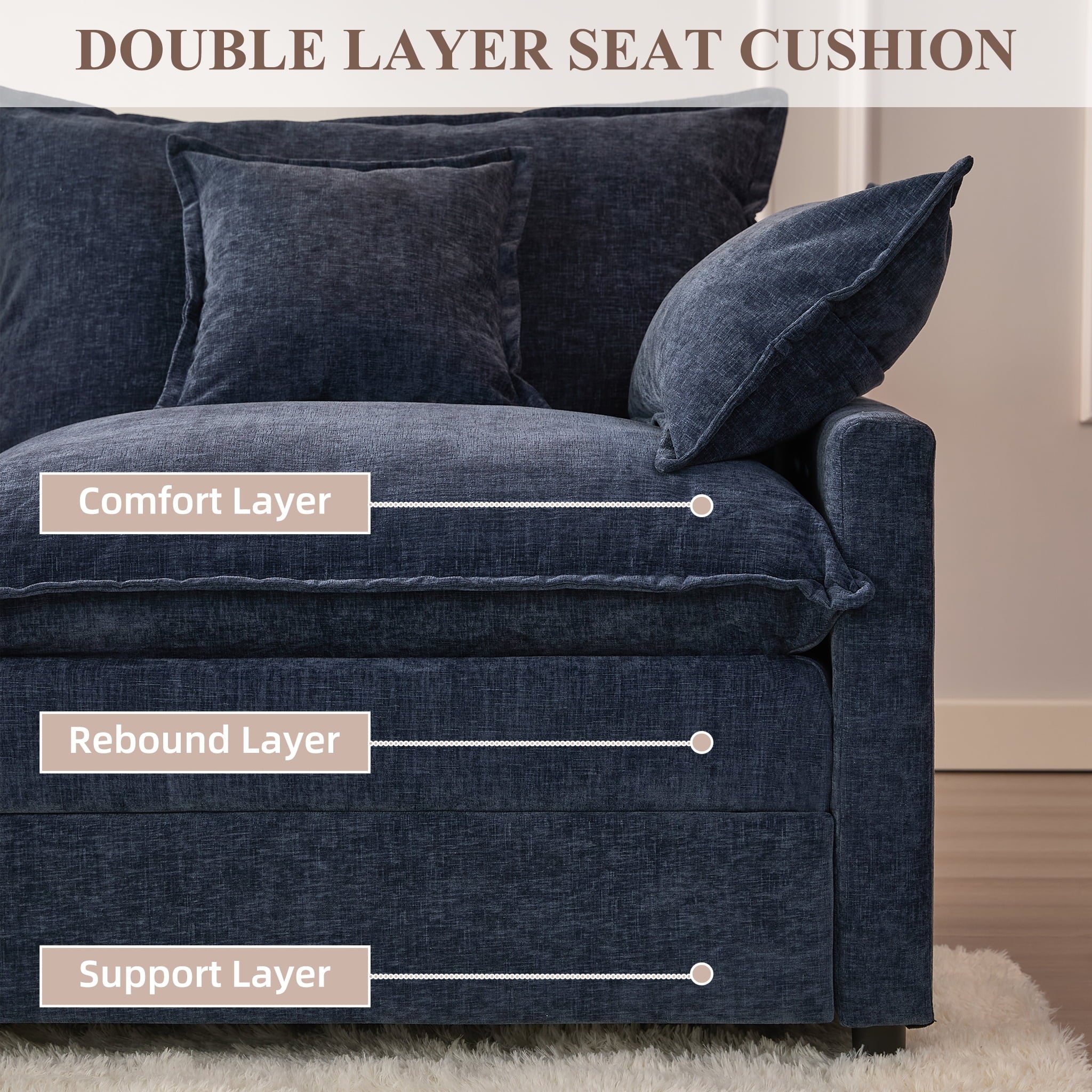 LAKPS 3-Seat Sectional Sofa Couch, Cloud-Style Deep Seating Sleeper Sofa with Included Throw Pillows, Linen Upholstery, Modern Living Room Sofa, Cream White