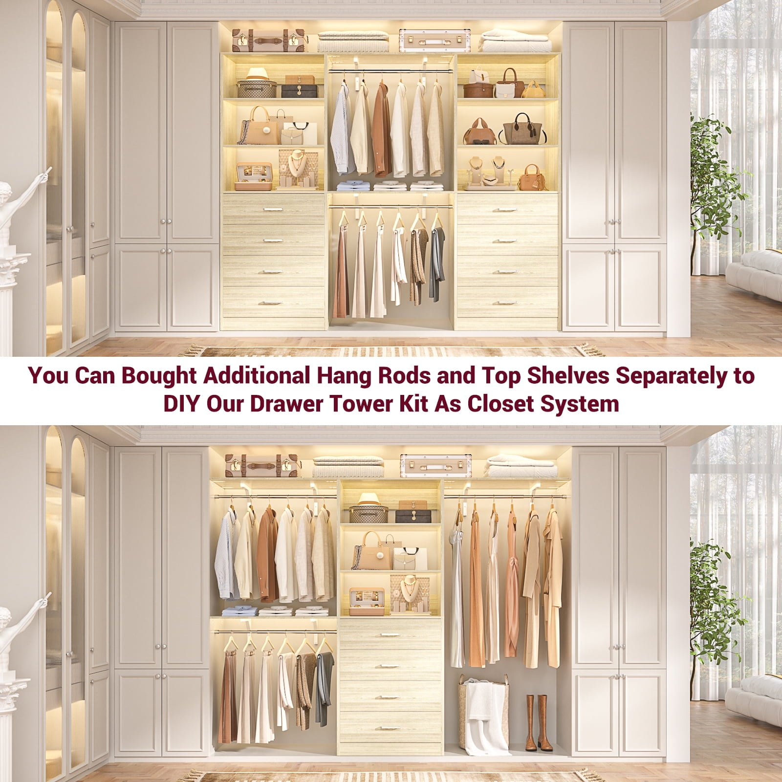 Homieasy 21.3 Inch Freestanding Closet System with 4 Wood Drawers and 3 Shelves for Walk-in Closet, Bedroom, White
