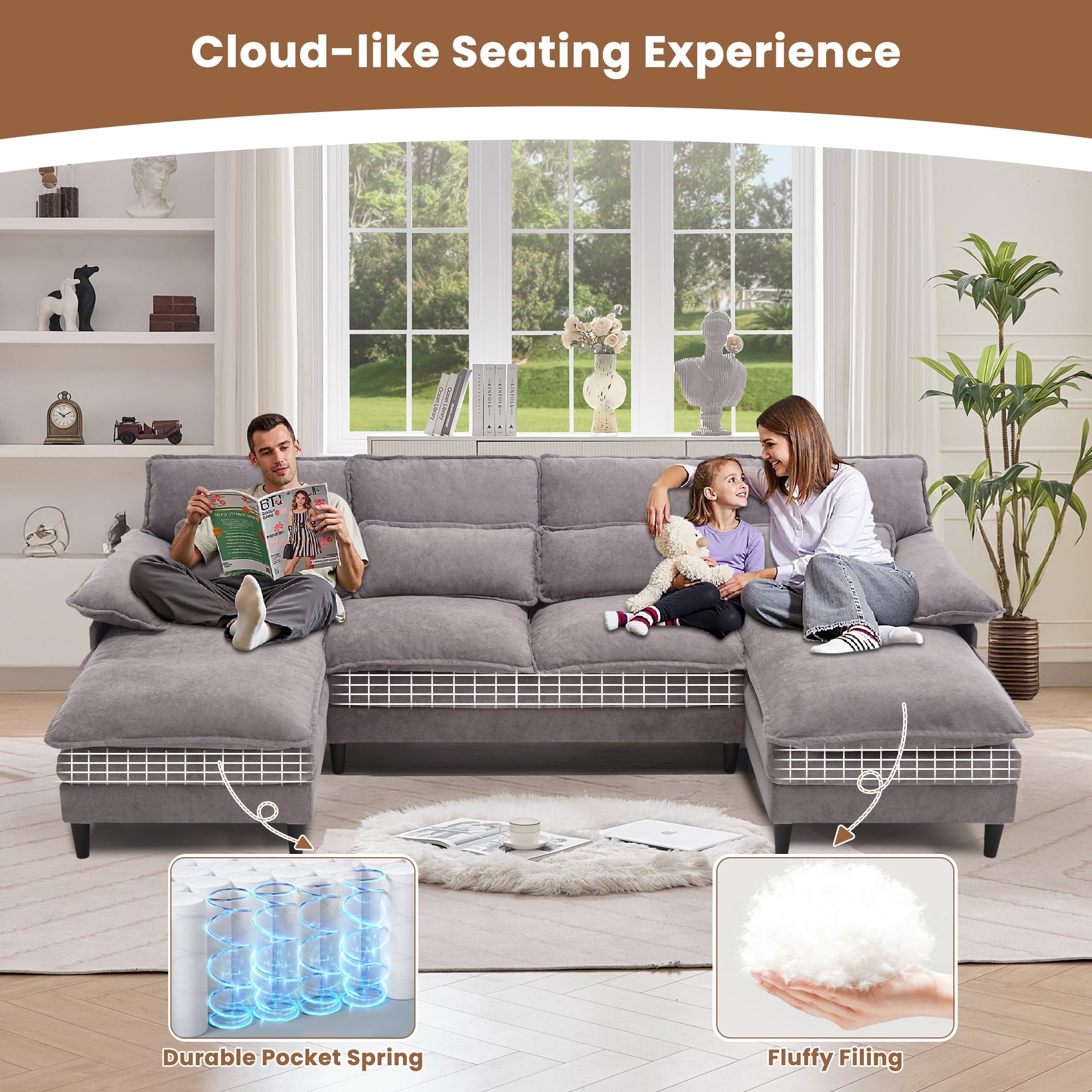 JONPONY109.45 U Shaped Couch,Oversized 4 Seat Sectional with 4 Waist Pillows, Convertible Upholstery Symmetrical Sofá,Sleeper Sofa Couch with Double Chaise Lounge &Memory Foam for Living Room, Beige