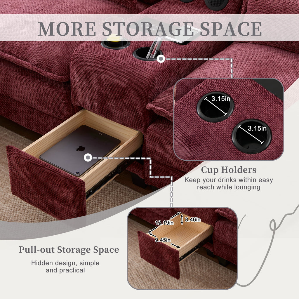 Villeston 126.77 U-Shaped Cloud Sofa With Chaise Lounge, Chenille Sofa With Wireless Charging, Bluetooth Speaker, Two Cup Holders, Storage Drawer, Suitable For Living Room,Gray