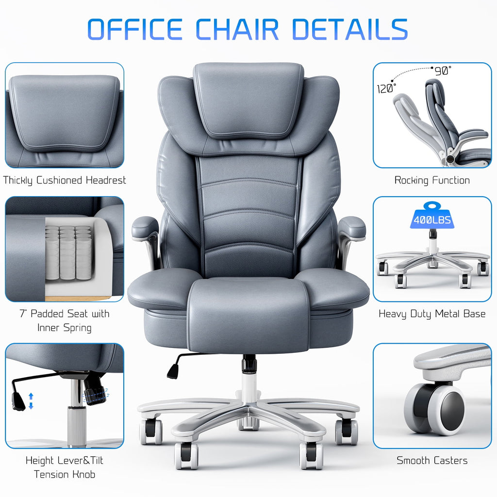 Ninecer Big and Tall Office Chair 400lb Wide Seat, Ergonomic High Back Leather Executive Desk Chair, Computer Chair with Flip-up Arms, Black