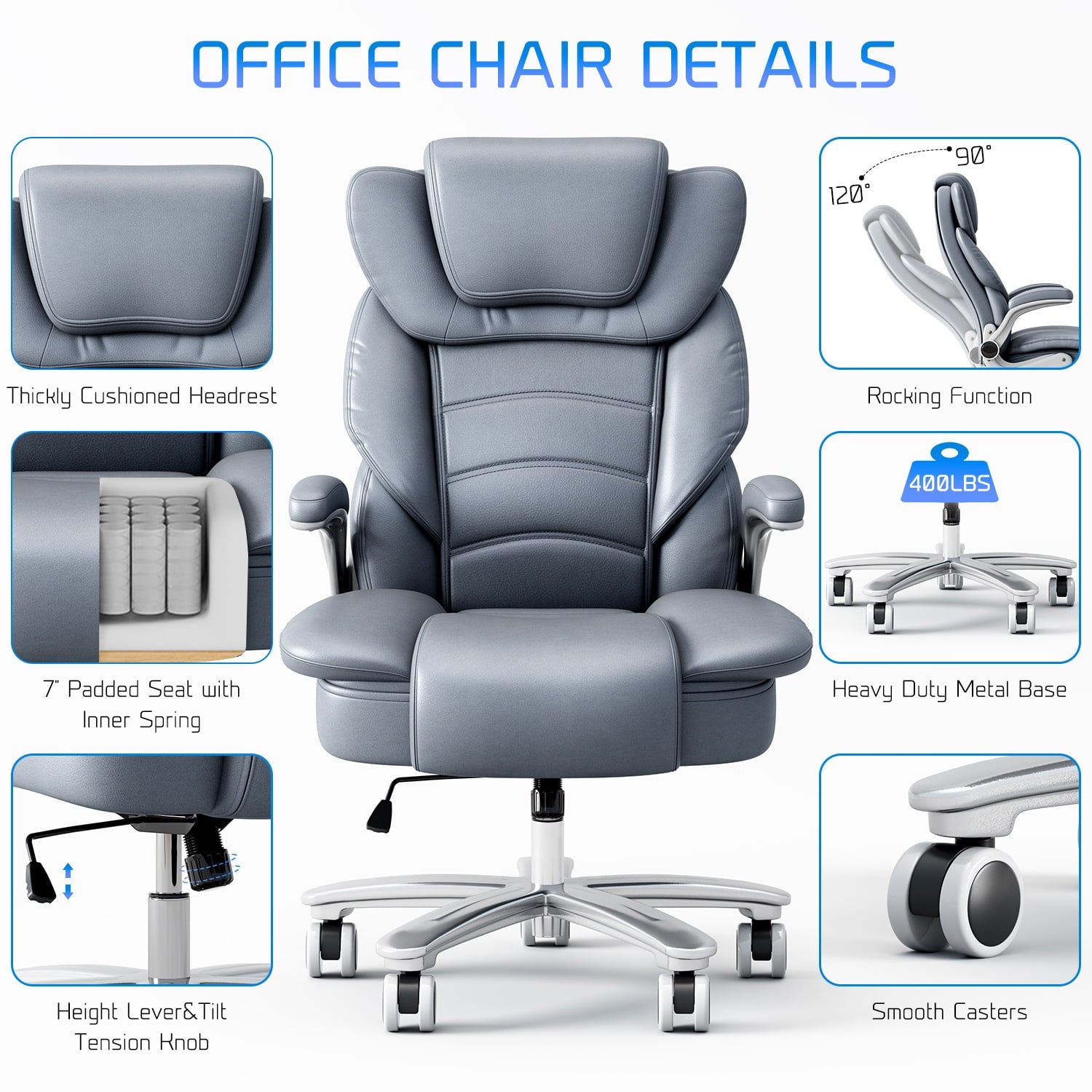 Ninecer Big and Tall Office Chair 400lb Wide Seat, Ergonomic High Back Leather Executive Desk Chair, Computer Chair with Flip-up Arms, Black