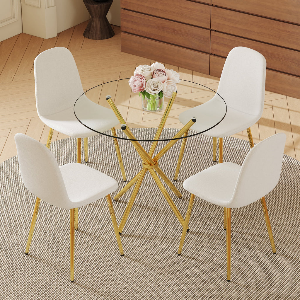 LUFTUT 36.6 Round Glass Dining Table, Modern Gold Base Kitchen Table, Small Space Bistro Table, Clear Tempered Glass Top for Apartmen