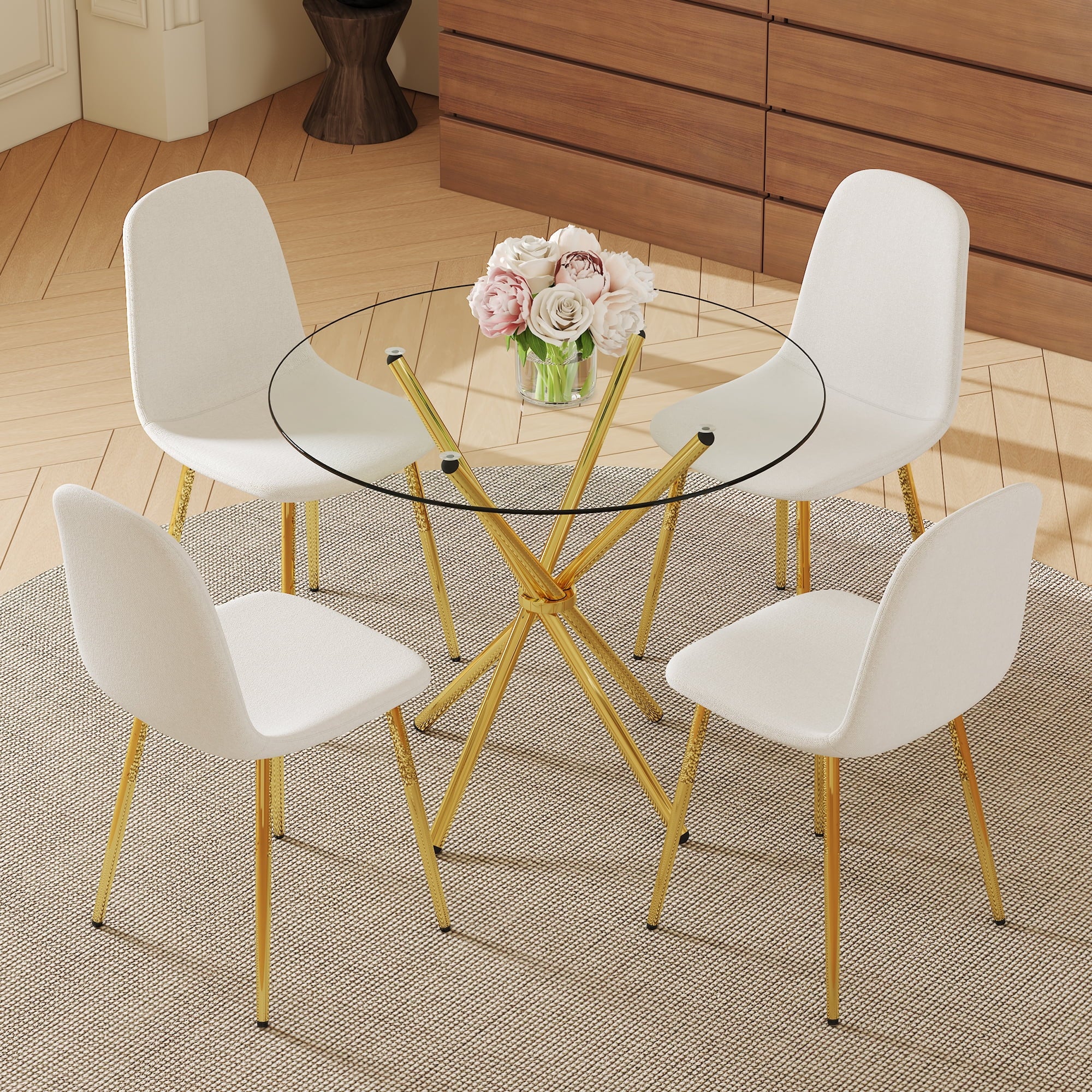 LUFTUT 36.6 Round Glass Dining Table, Modern Gold Base Kitchen Table, Small Space Bistro Table, Clear Tempered Glass Top for Apartmen