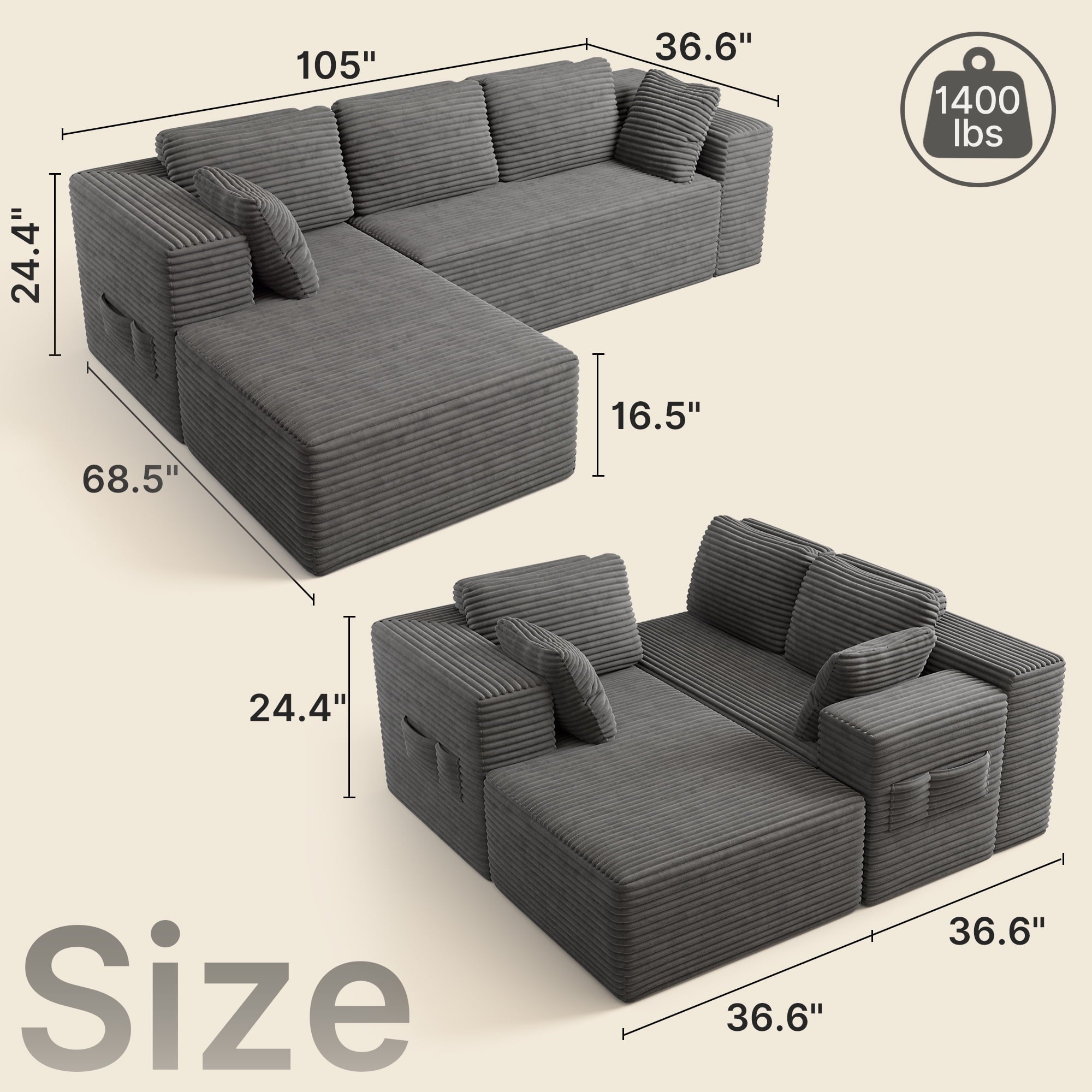 Sofa, Lofka 105 Free Assembly L-Shaped Sectional with Pet Friendly Corduroy Fabric, Black for Living Room/Apartment
