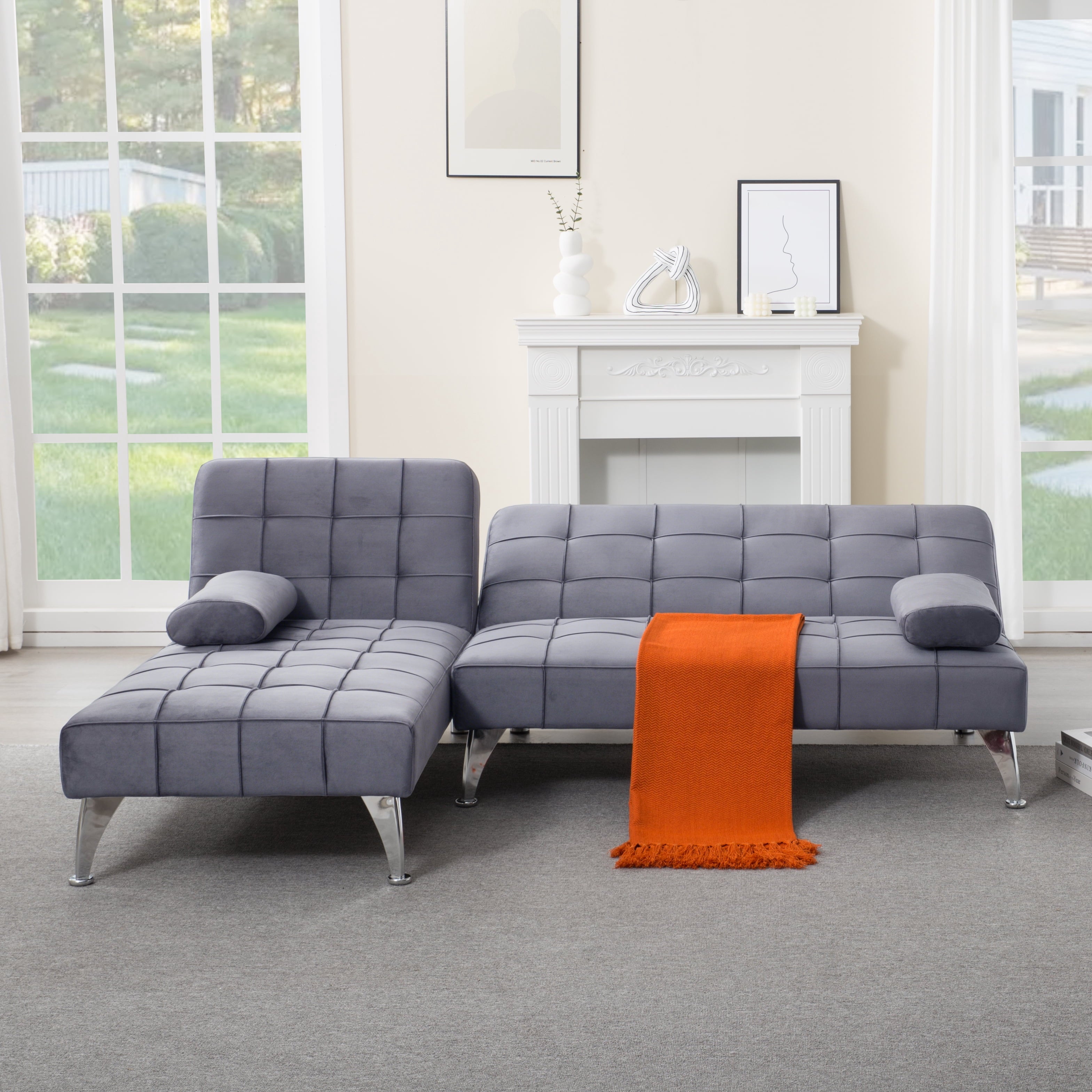 Gewnee 78.35”L-Shaped Velvet Reversible Sectional Sleeper Sofa,Futon Sofa with Adjustable Split Back & Chaise,Couch for Home,Office and Guest Room.Black