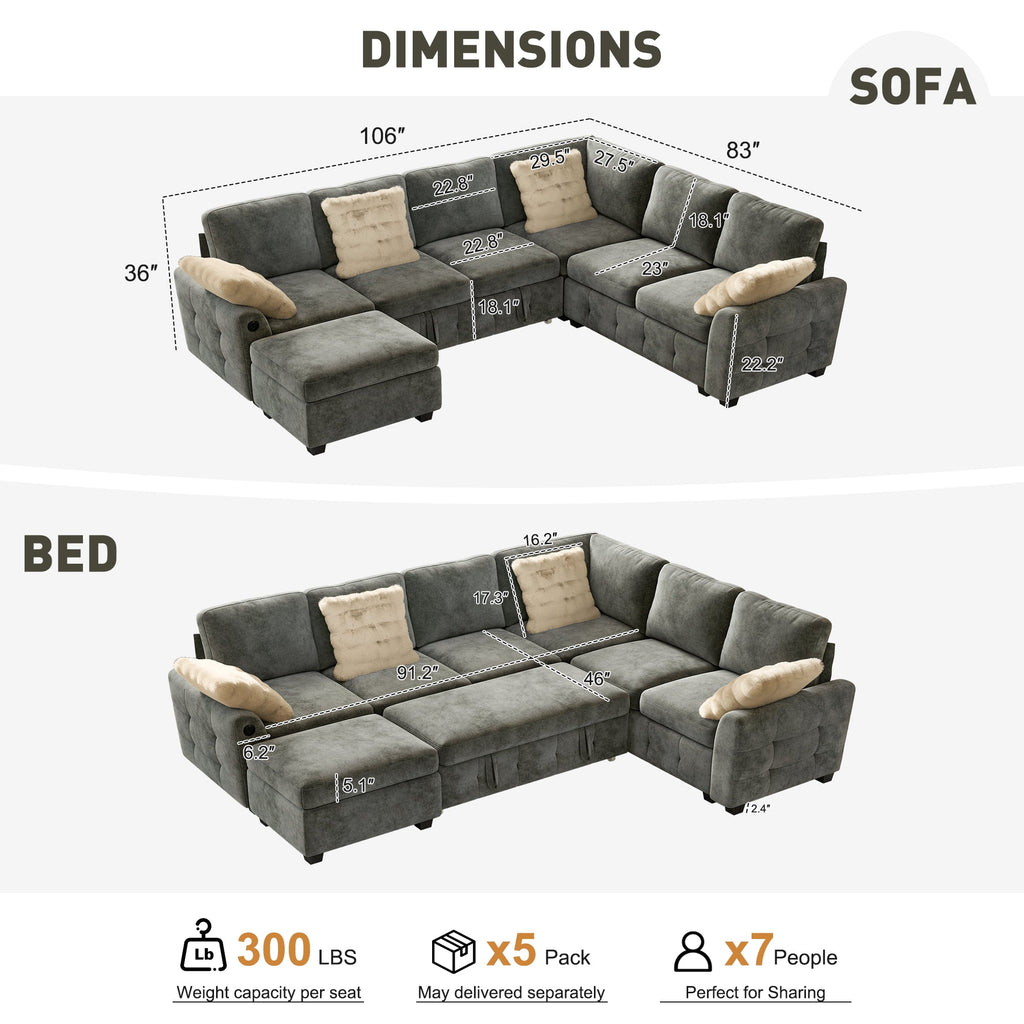 BedLuxury 83 Sectional Sleeper Sofa With Pull Out Bed, Storage Seat & USB Charging, L Shape Modern Couch for Living Room, Corduroy Gray