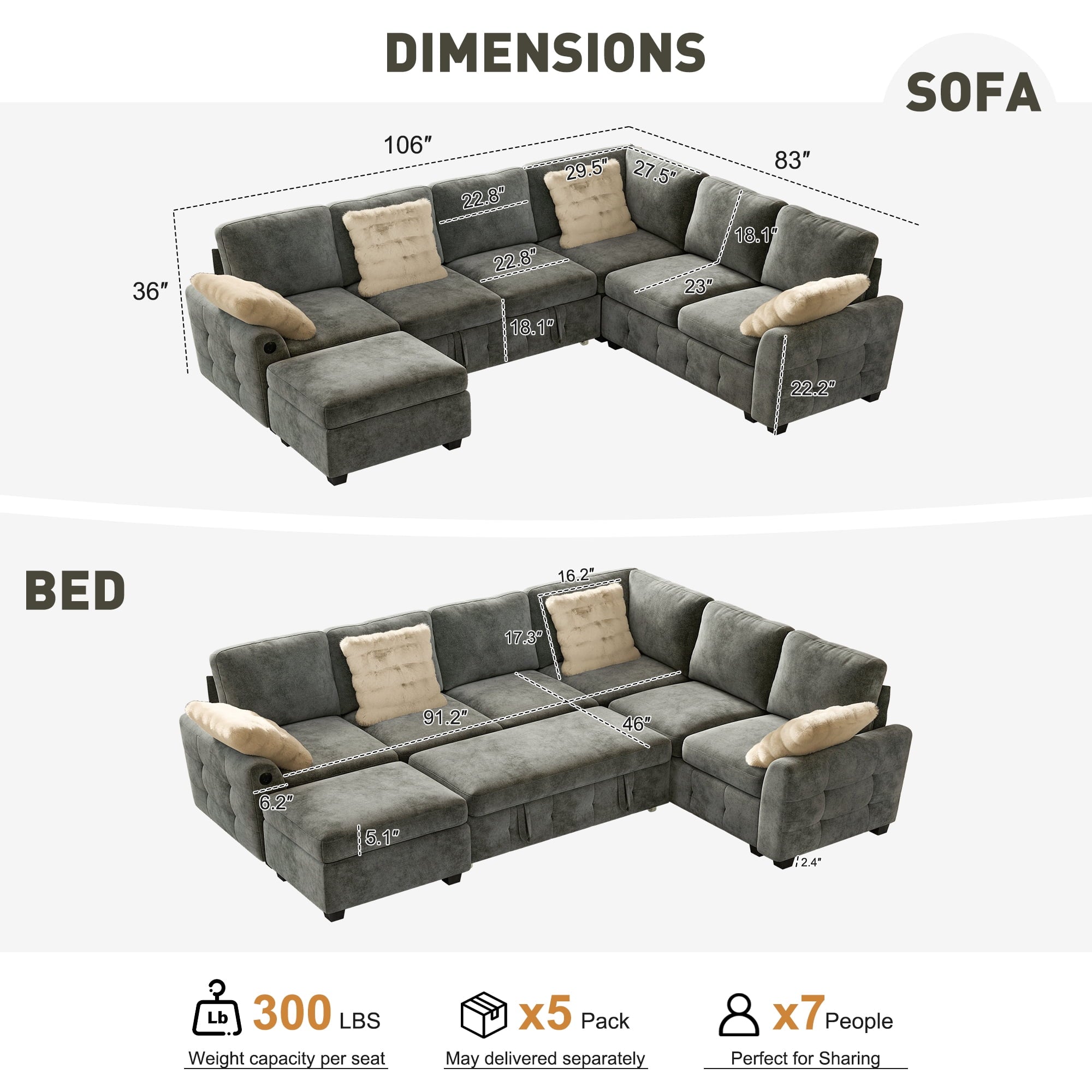 BedLuxury 83 Sectional Sleeper Sofa With Pull Out Bed, Storage Seat & USB Charging, L Shape Modern Couch for Living Room, Corduroy Gray