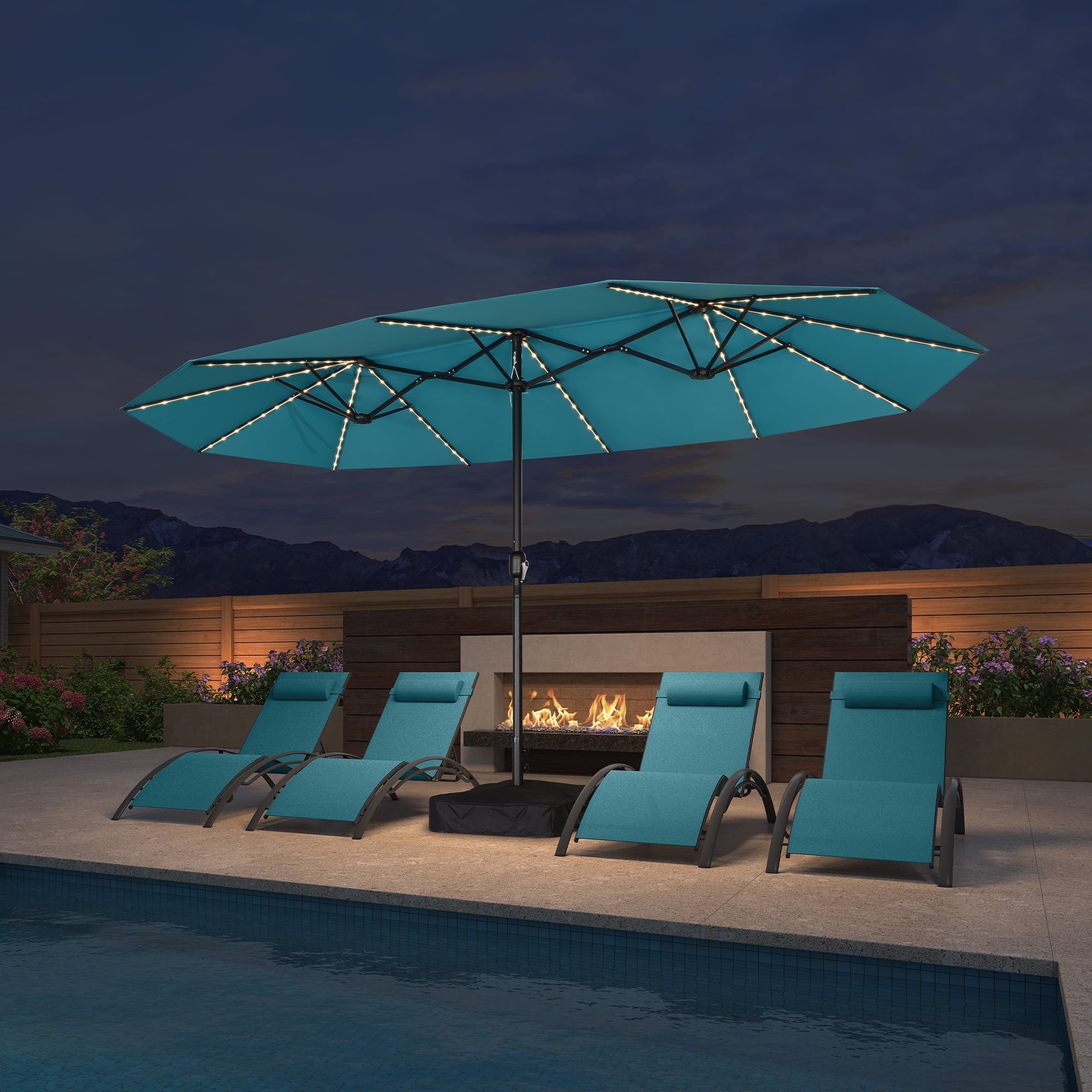 PURPLE LEAF 13ft Market Patio Umbrella with Solar LED and Base Double-Sided Sun Umbrellas for Pool Beach Deck Backyard Taupe