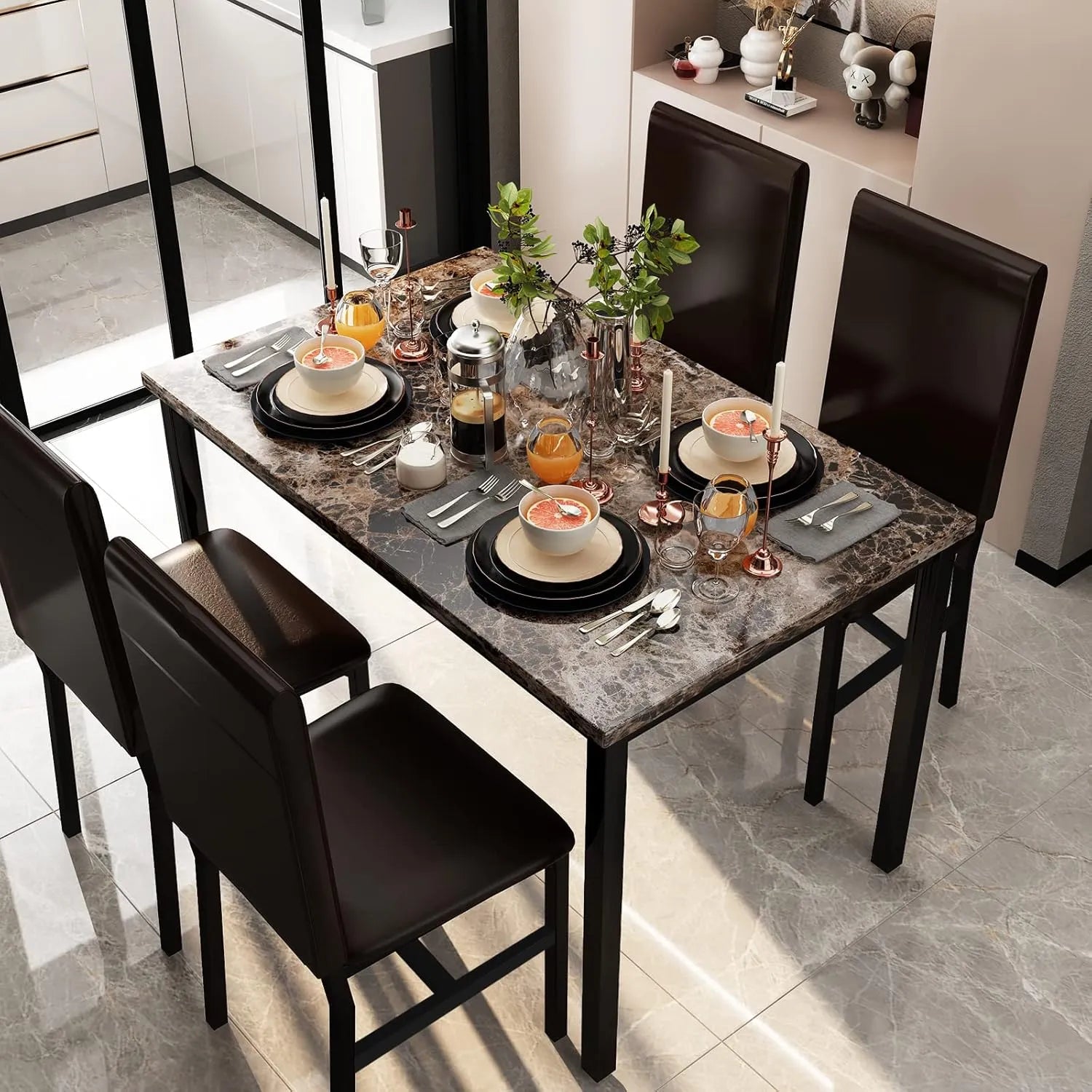 MOOSENG Dining Table Set for 4, Faux Marble Kitchen Table and Chairs Set of 4, 5-Piece Dining Room Set with PU Leather Upholstered Chairs for Small Space, Gray