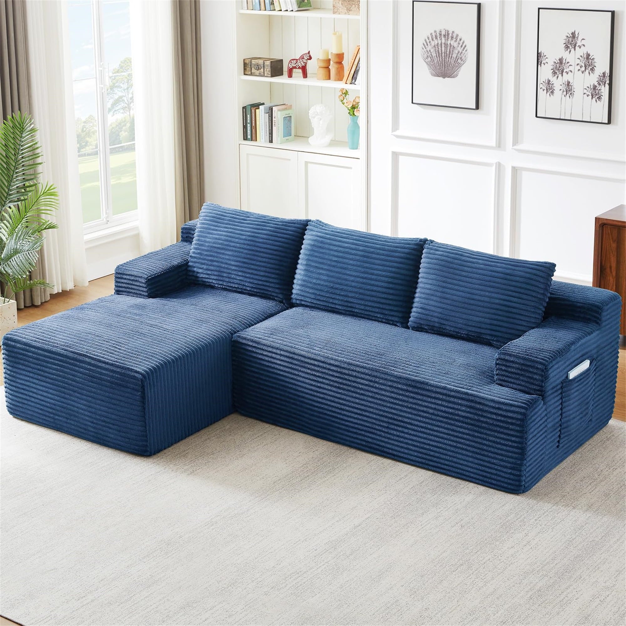 Aukfa 95 Cloud Sectional Sofa Deep Seat Boneless Couch Modular L-Shaped Couch, Left Chaise Corduroy Sofa for Living Room, Black