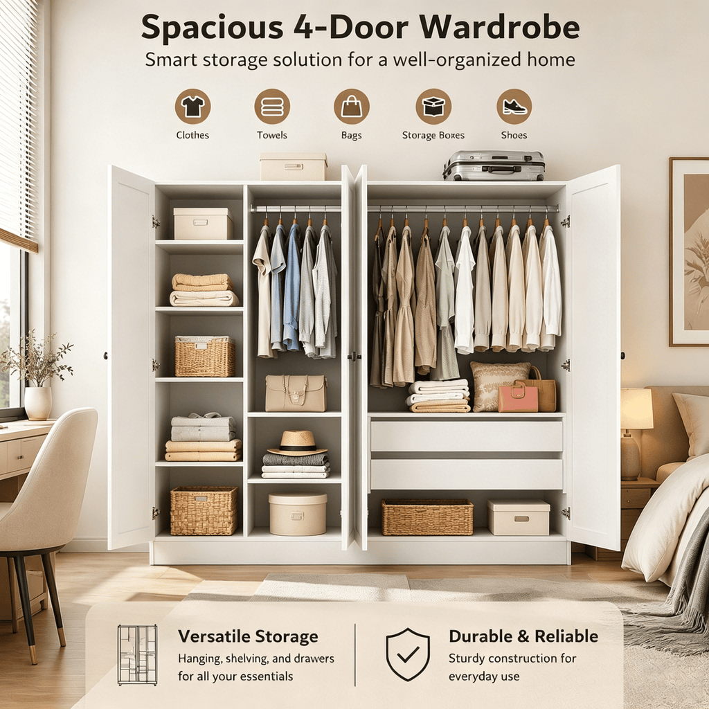 Laisnet 67H Armoire Wardrobe Closet with 4 Doors and 2 Drawers, Adjustable Shelves & Hanging Rods for Bedroom, White