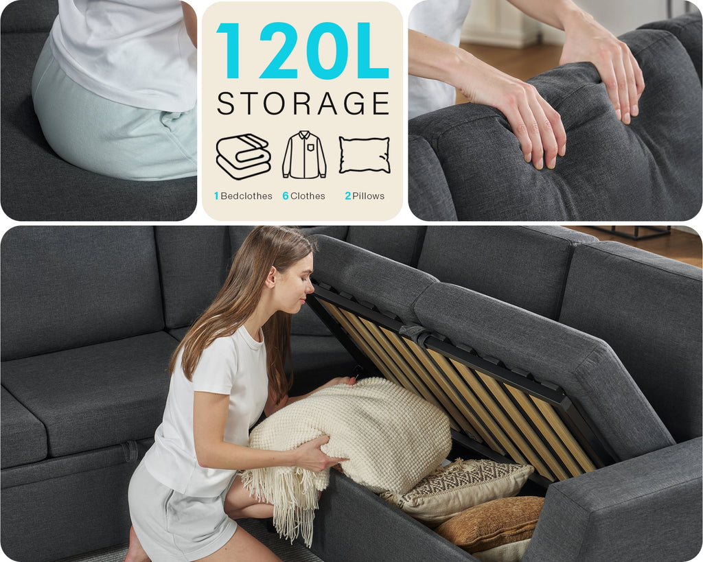 VanAcc 85 Sleeper Sofa Bed, Reversible L-Shape Sectional with Storage