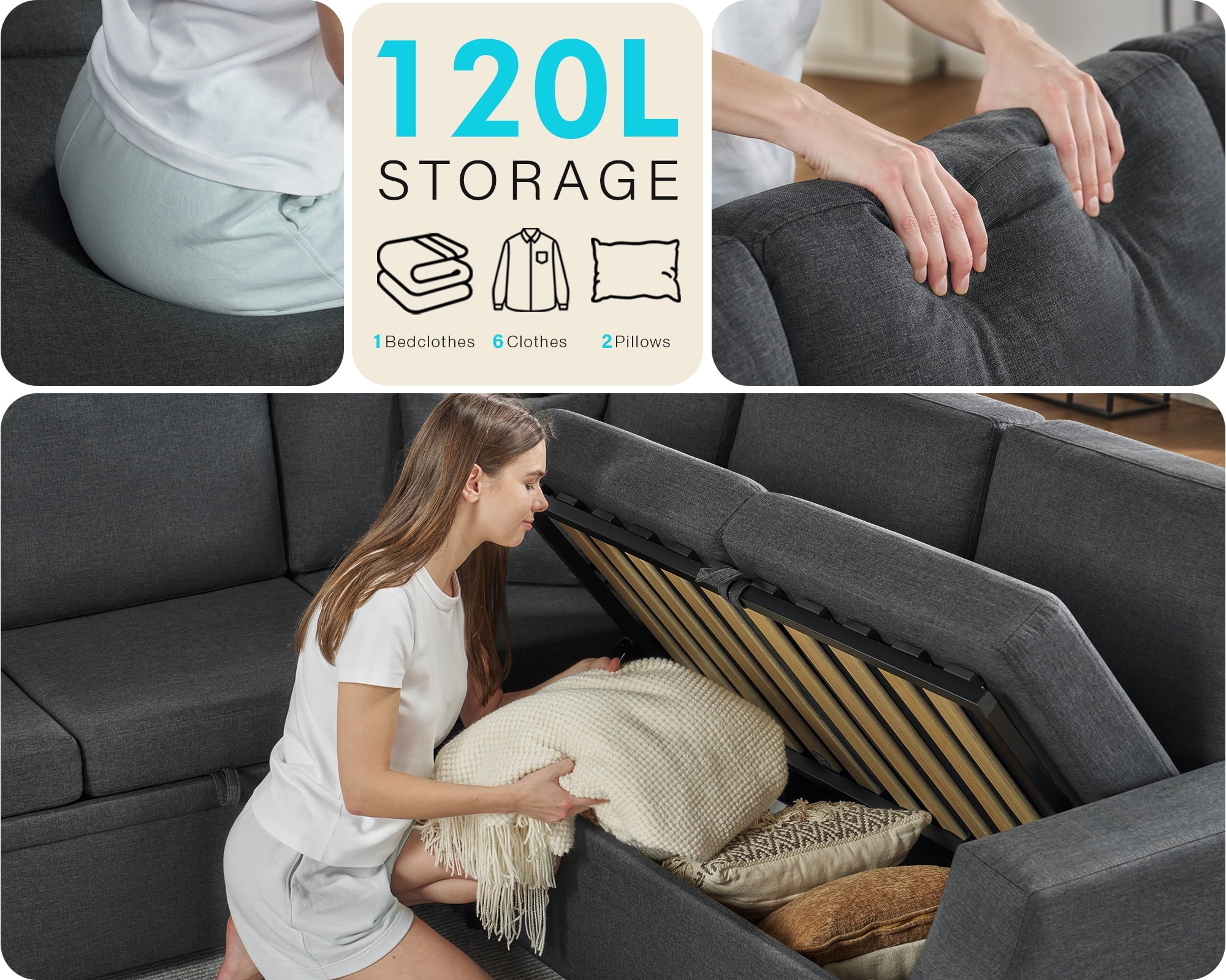 VanAcc 85 Sleeper Sofa Bed, Reversible L-Shape Sectional with Storage
