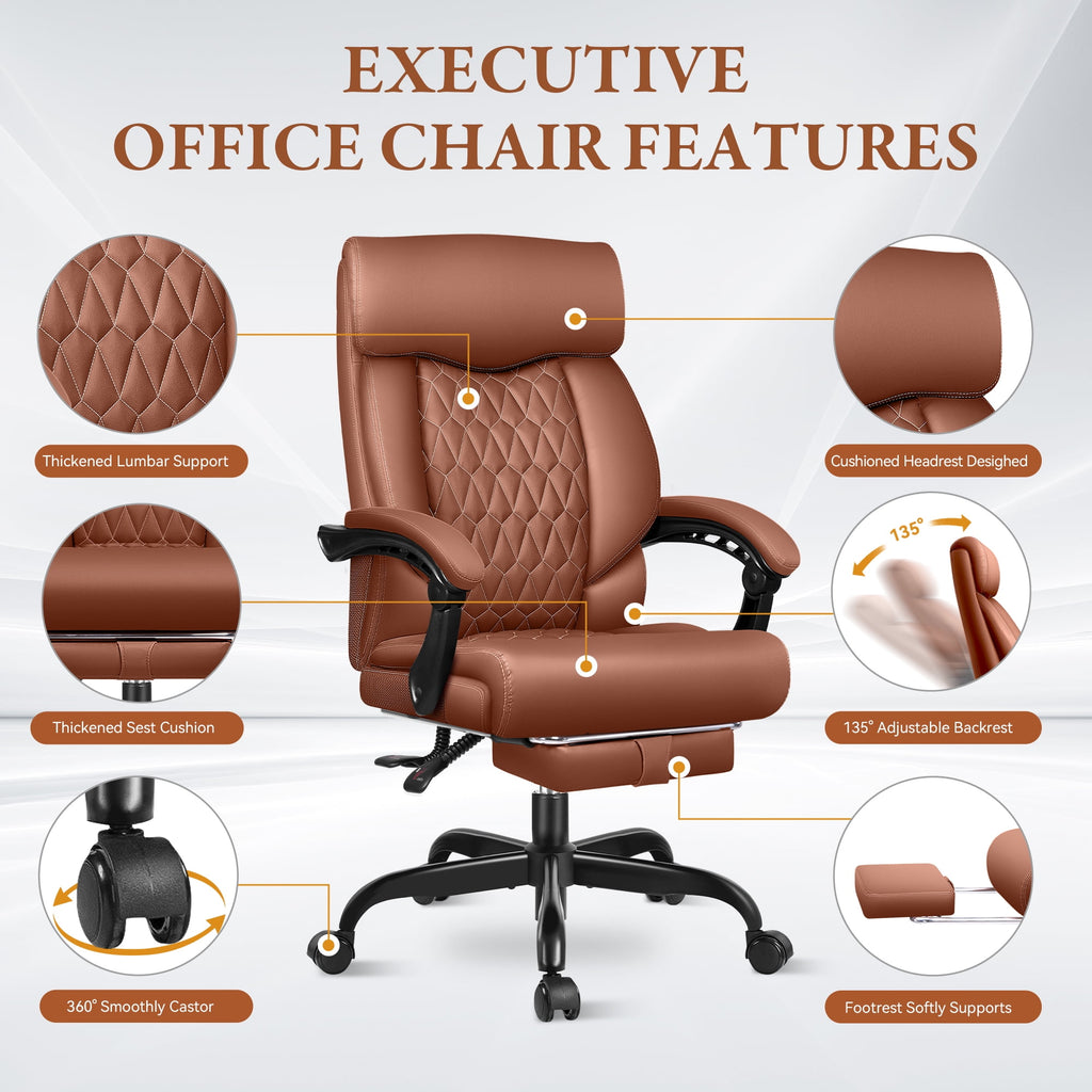 FASTES Executive Office Chair, Ergonomic Desk Chair with Adjustable Armrests, Computer Leather Chair Big and Tall Office Chair with Footrest and Lumbar Support, Brown