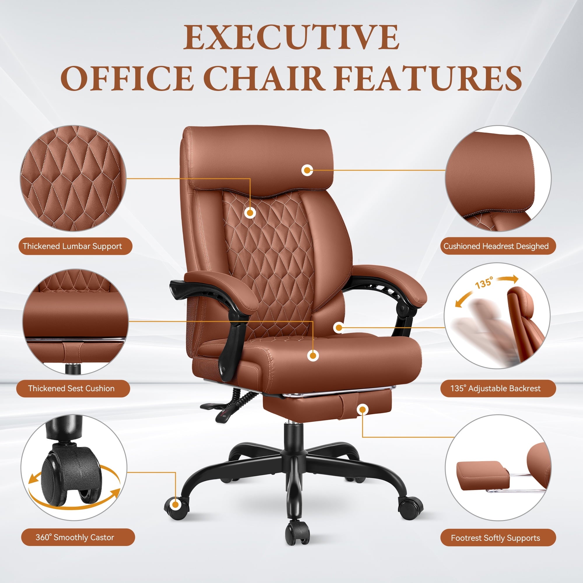 FASTES Executive Office Chair, Ergonomic Desk Chair with Adjustable Armrests, Computer Leather Chair Big and Tall Office Chair with Footrest and Lumbar Support, Brown