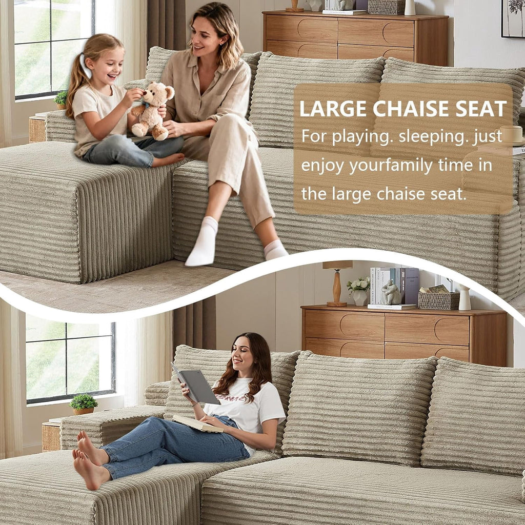 96 Boneless Cloud Couch with Chaise, Modular Sectional Sofa for Living Room, No Assembly Required, Deep Seat Corduroy Couch, Green