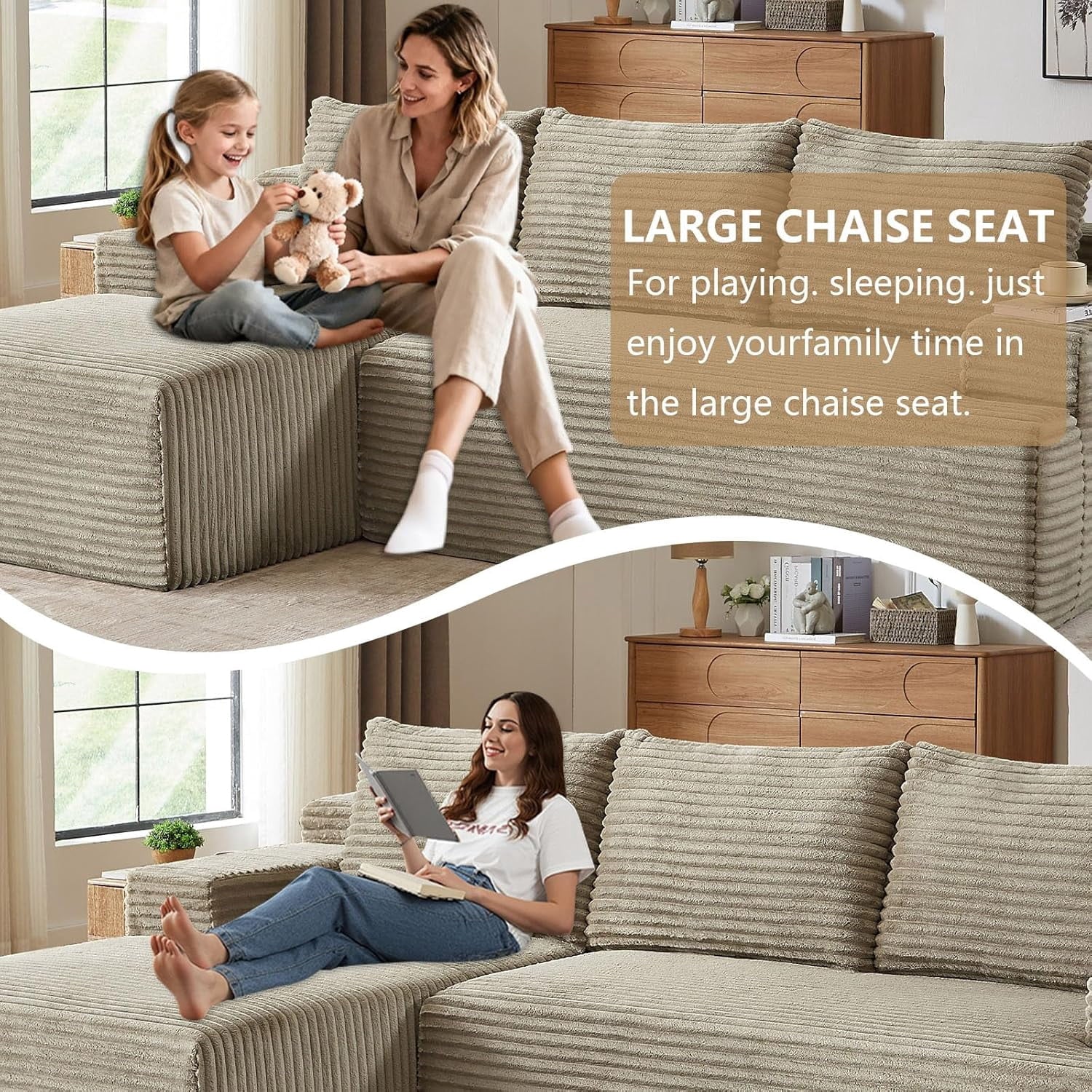 96 Boneless Cloud Couch with Chaise, Modular Sectional Sofa for Living Room, No Assembly Required, Deep Seat Corduroy Couch, Green