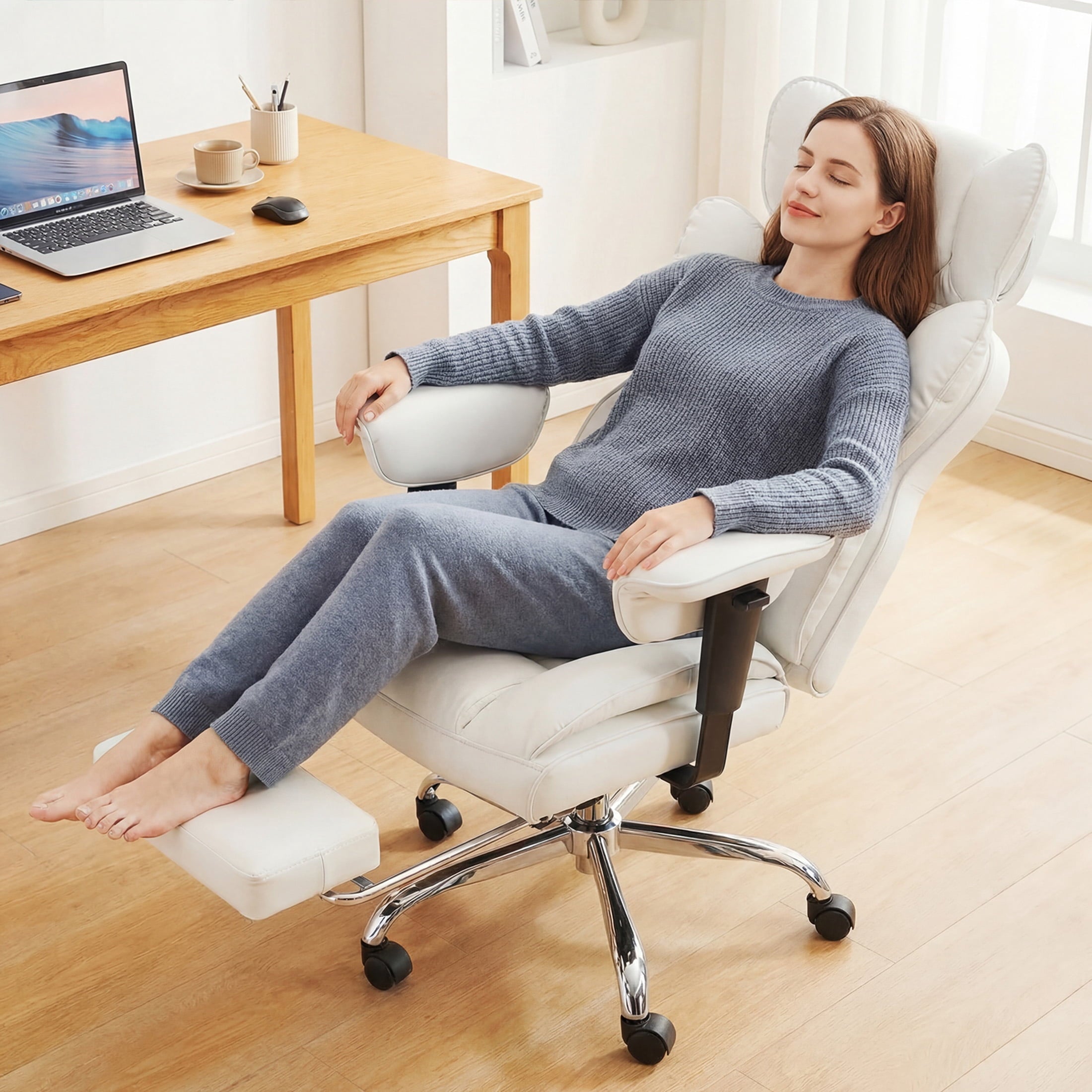 edx Executive Home Office Desk Chair, Ergonomic Big Tall High Back with Footrest & Lumbar Support, Reclining Comfy PU Leather Computer Gaming Chair with Swivel Wheels, Height Adjustable, Black