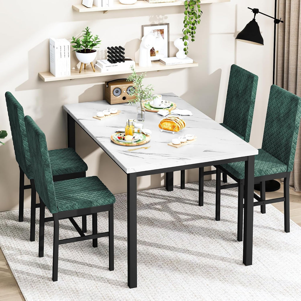 Baxluxe Dining Table Set for 4, Modern 5 Piece Dining Table Set, Faux Marble Kitchen Table and 4 Velvet Upholstered Chairs for Apartments, Dining Rooms, Small Spaces, Gray