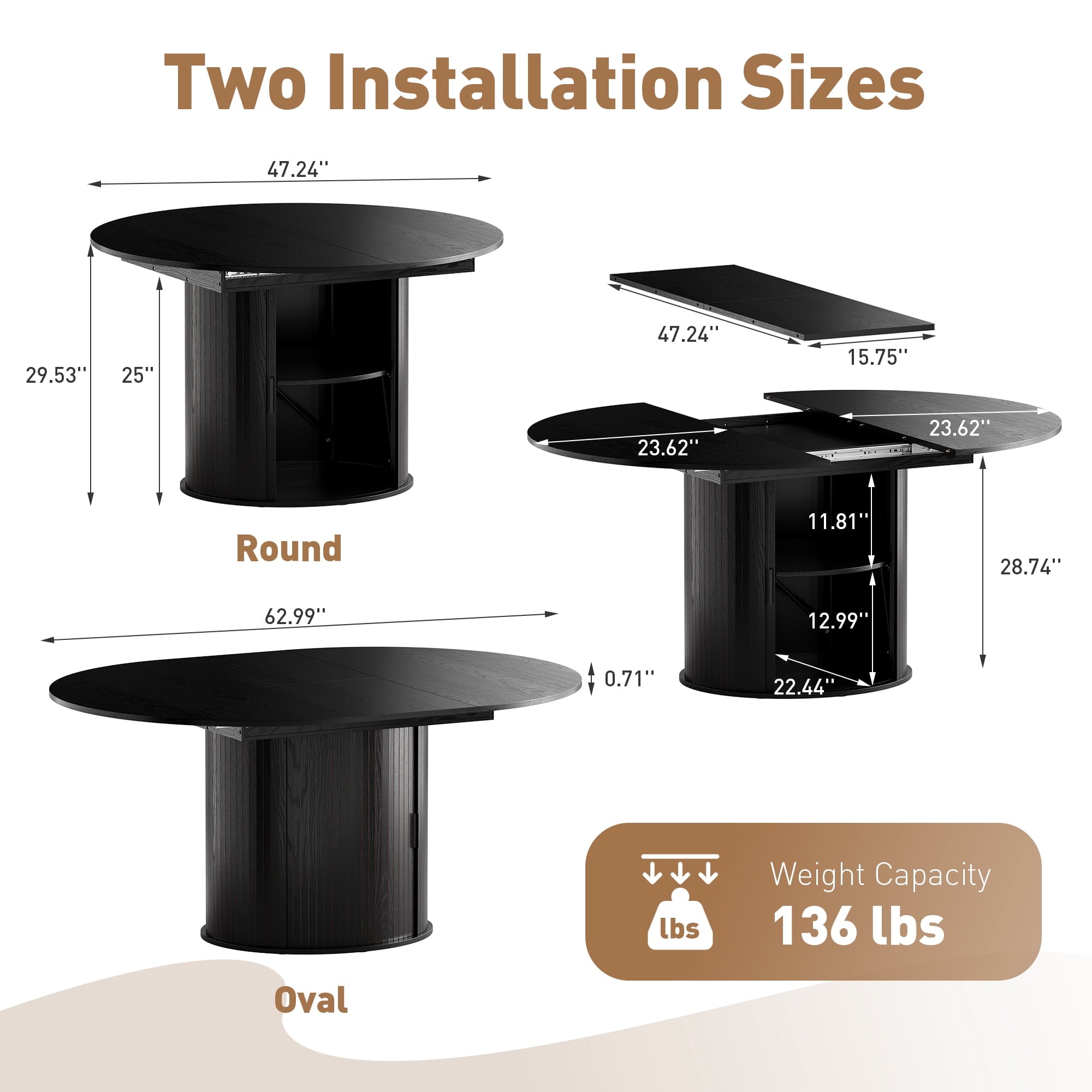 EOP 47″- 63″ Extendable Round Dining Table for 4-6, Wooden Kitchen Table with Hidden Storage and Fluted Sliding Door Cabinet, Modern Space-Saving Table for Dining Room Kitchen, Walnut