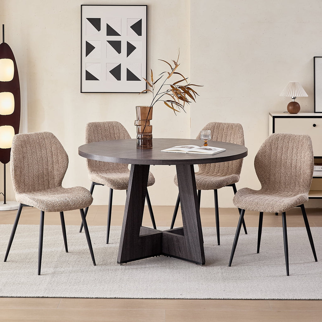 5 Piece 47'' Round Dining Table Chairs Set for 4, Farmhouse Oak Kitchen Table with 4 Boucle Mid Century Modern Dinning Room Chairs, Wood Dinner Table &Upholstered Chair Set of 4, Beige