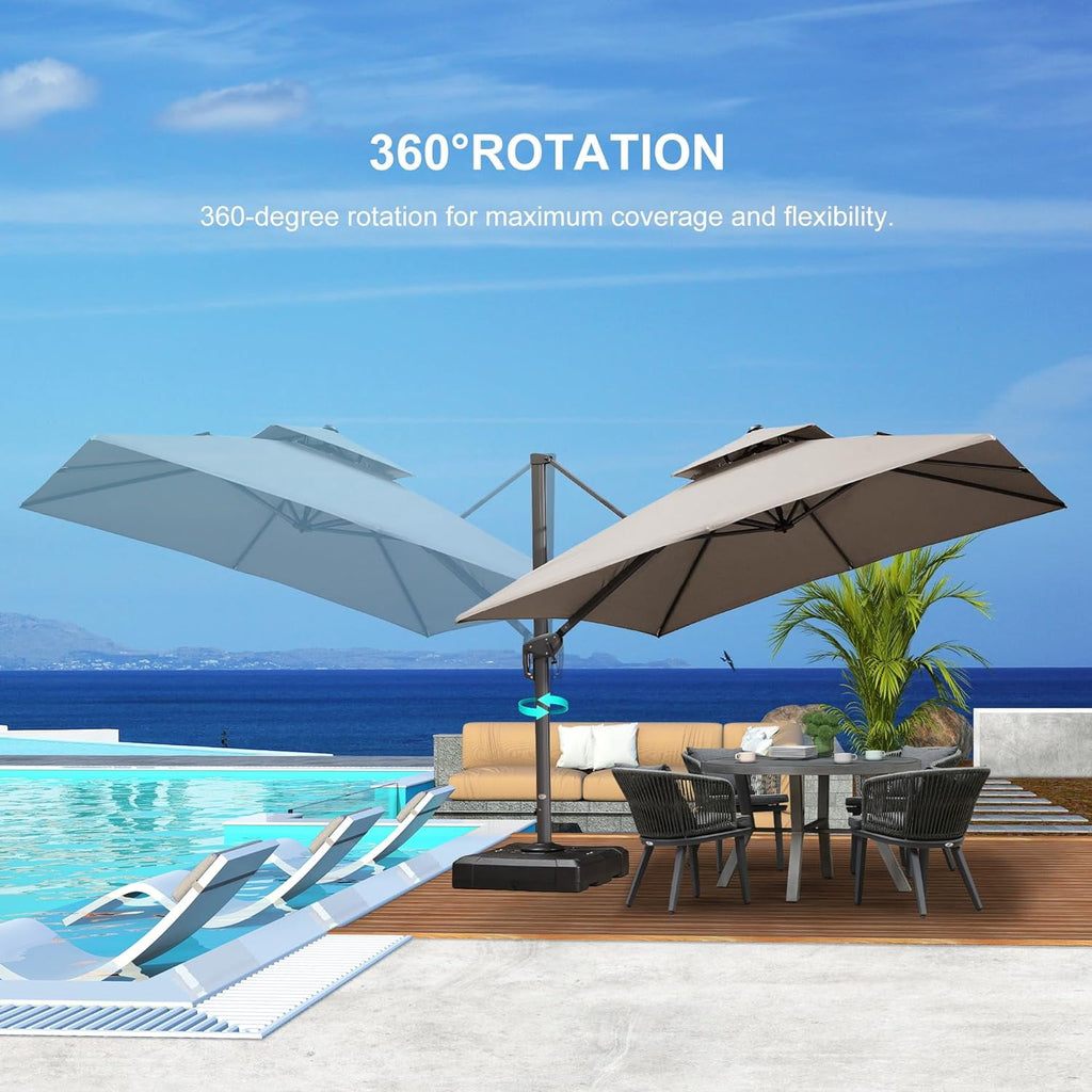 PURPLE LEAF Cantilever Umbrellas 12FT Square Large Patio Umbrella Offset Umbrella with 360°Rotation Tilting And Hanging Double Top, Grey
