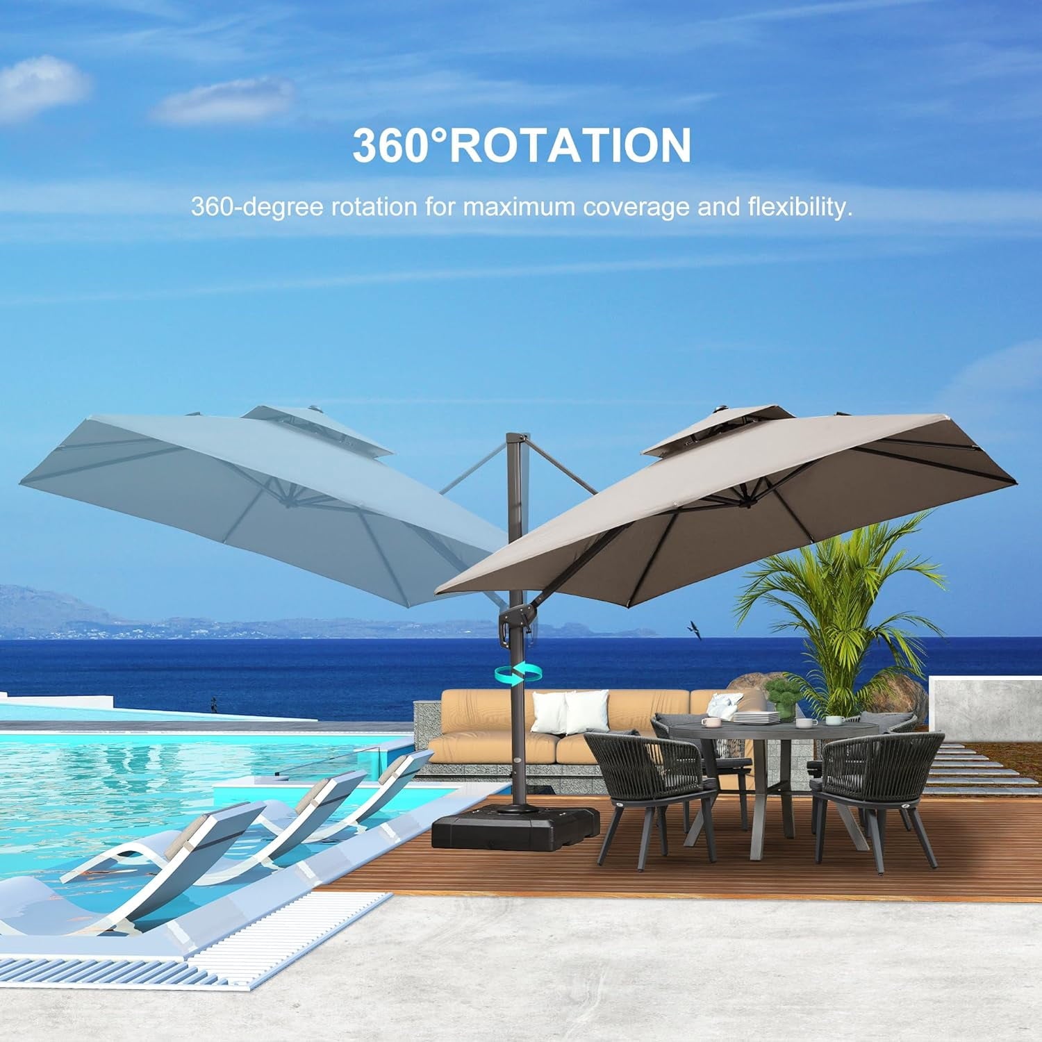 PURPLE LEAF Cantilever Umbrellas 12FT Square Large Patio Umbrella Offset Umbrella with 360°Rotation Tilting And Hanging Double Top, Grey