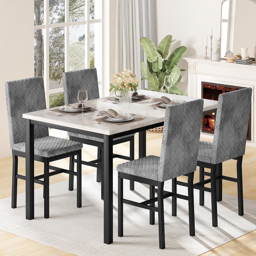Baxluxe Dining Table Set for 4, Modern 5 Piece Dining Table Set, Faux Marble Kitchen Table and 4 Velvet Upholstered Chairs for Apartments, Dining Rooms, Small Spaces, Gray