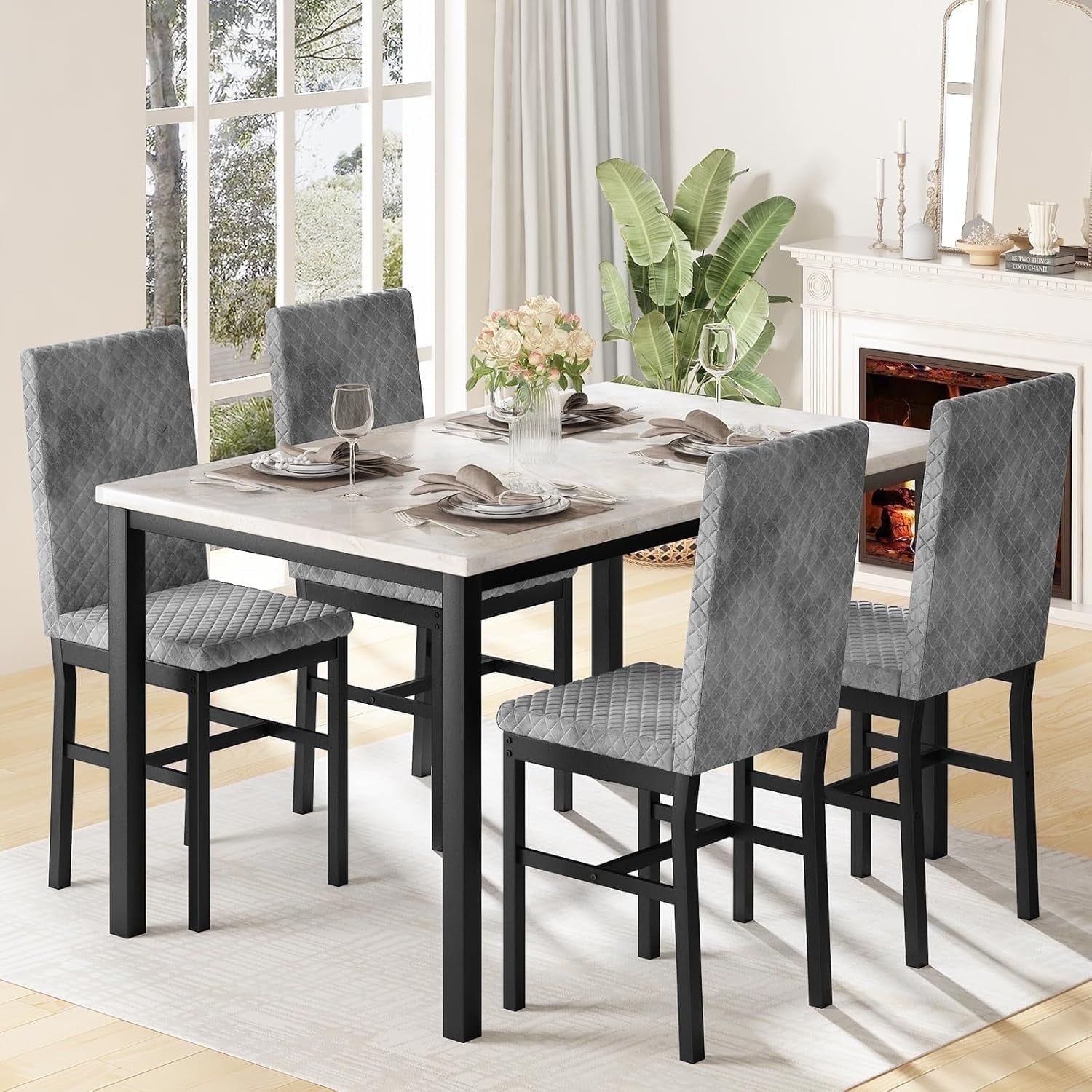 Baxluxe Dining Table Set for 4, Modern 5 Piece Dining Table Set, Faux Marble Kitchen Table and 4 Velvet Upholstered Chairs for Apartments, Dining Rooms, Small Spaces, Gray