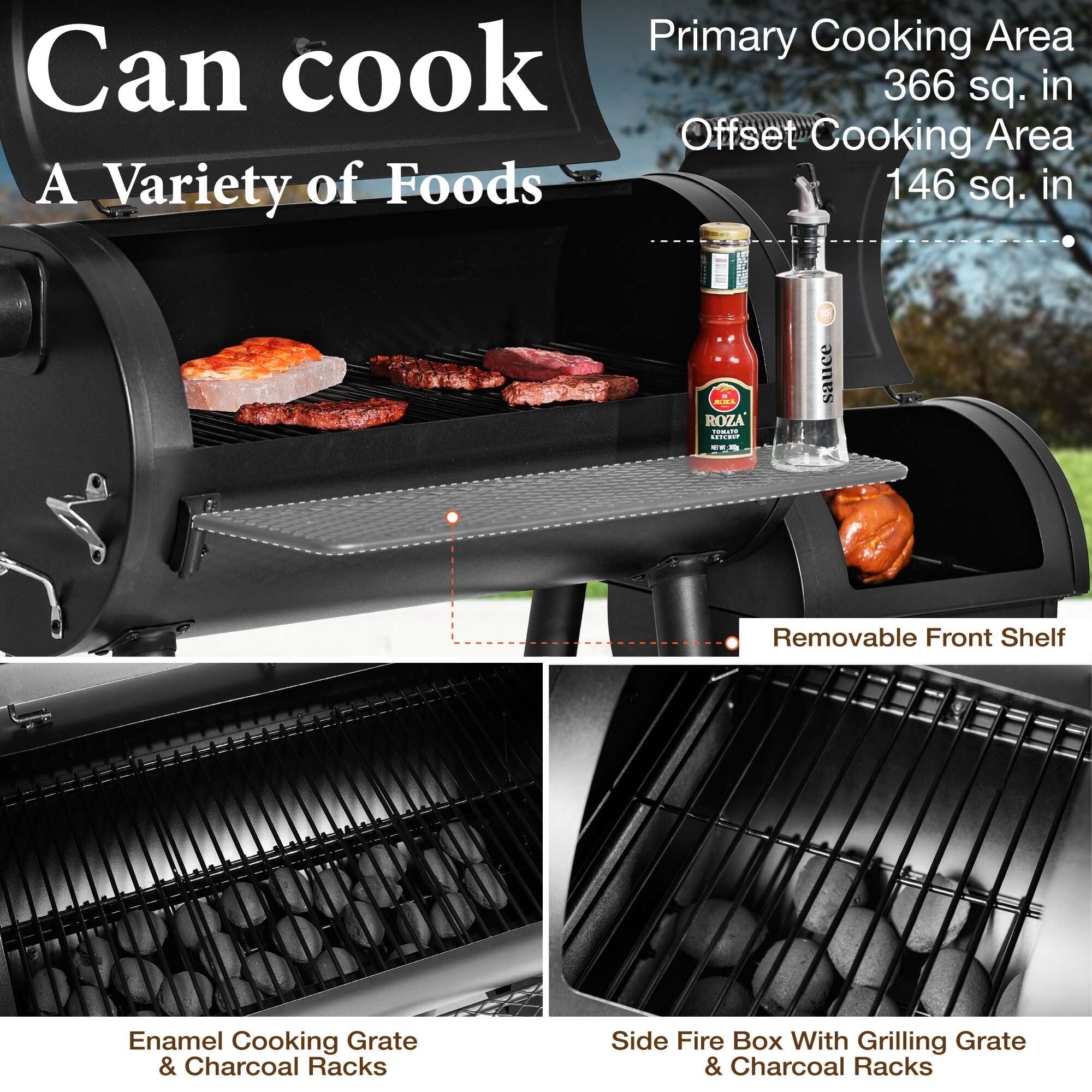 PHI VILLA 28 Charcoal Grill with Offset Smoker Black