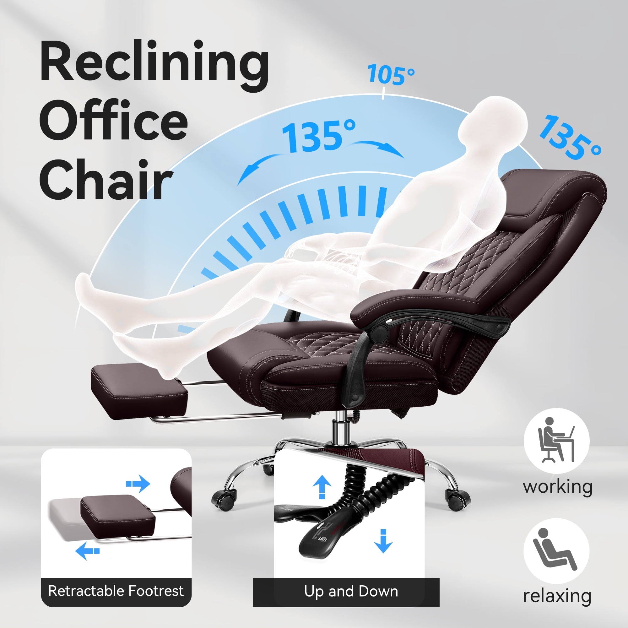 FASTES Ergonomic Office Chair, Big and Tall Leather Desk Chair with Footrest and Lumbar Support, 2-Position Reclining Executive Computer Chair, Black