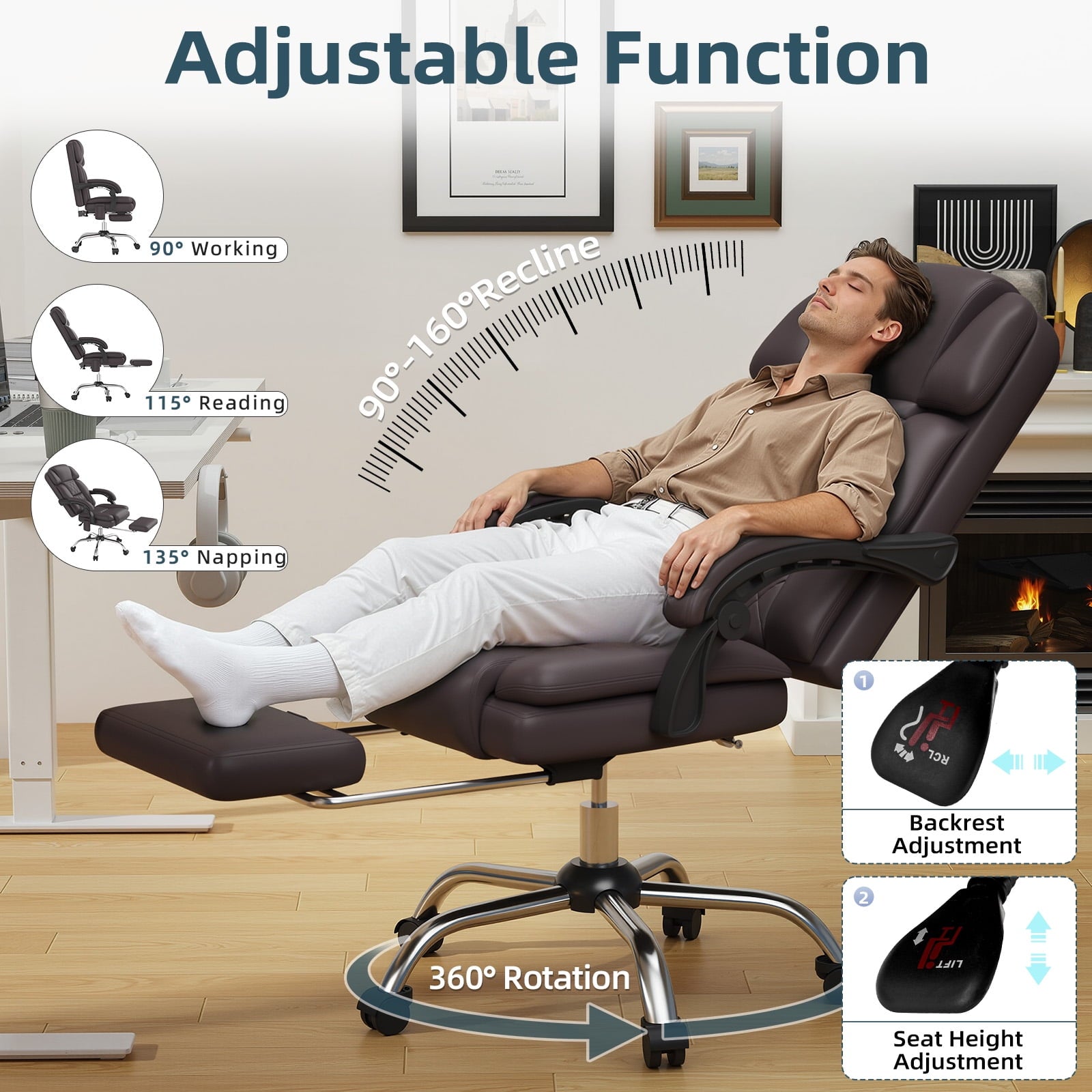 HOMREST Ergonomic Office Chair with 6-Point Massage & Heating, Adjustable Executive Desk Chair with Retractable Footrest, PU Leather Home Office Desk Chair for Home & Office (Black)