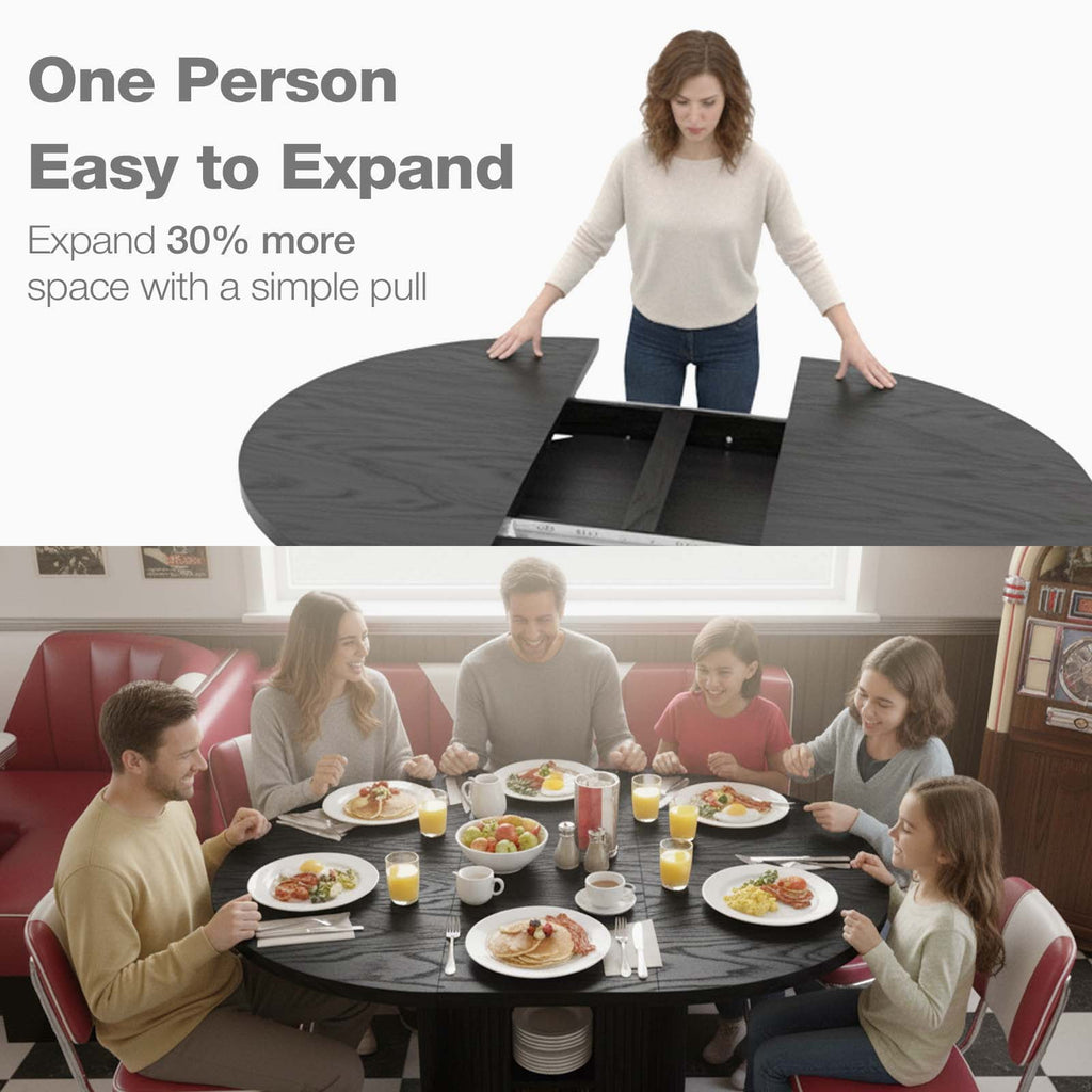 Advwin 59 Extendable Round Dining Table for 4–8, Modern Wood Oval Kitchen Table with Storage Shelf, Space-Saving Expandable Circle Dinner Table for Dining Room, Black