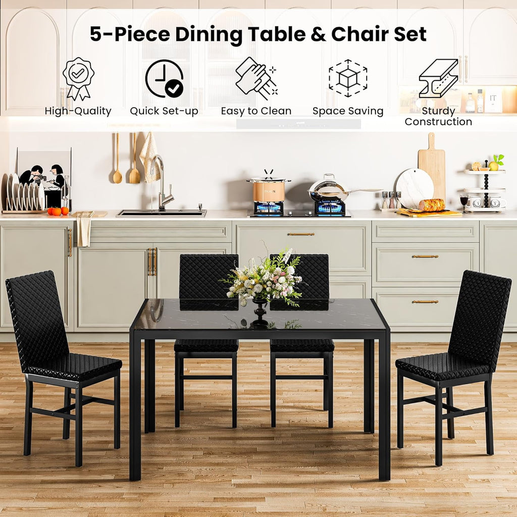 Baxluxe Dining Table Set for 4, Modern 5 Piece Dining Table Set, Faux Marble Kitchen Table and 4 Velvet Upholstered Chairs for Apartments, Dining Rooms, Small Spaces, Gray