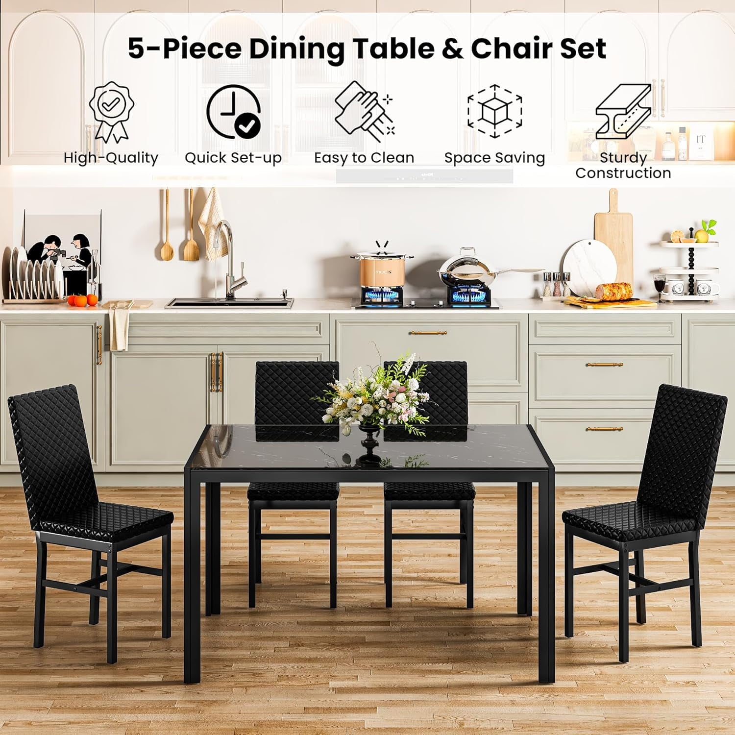 Baxluxe Dining Table Set for 4, Modern 5 Piece Dining Table Set, Faux Marble Kitchen Table and 4 Velvet Upholstered Chairs for Apartments, Dining Rooms, Small Spaces, Gray