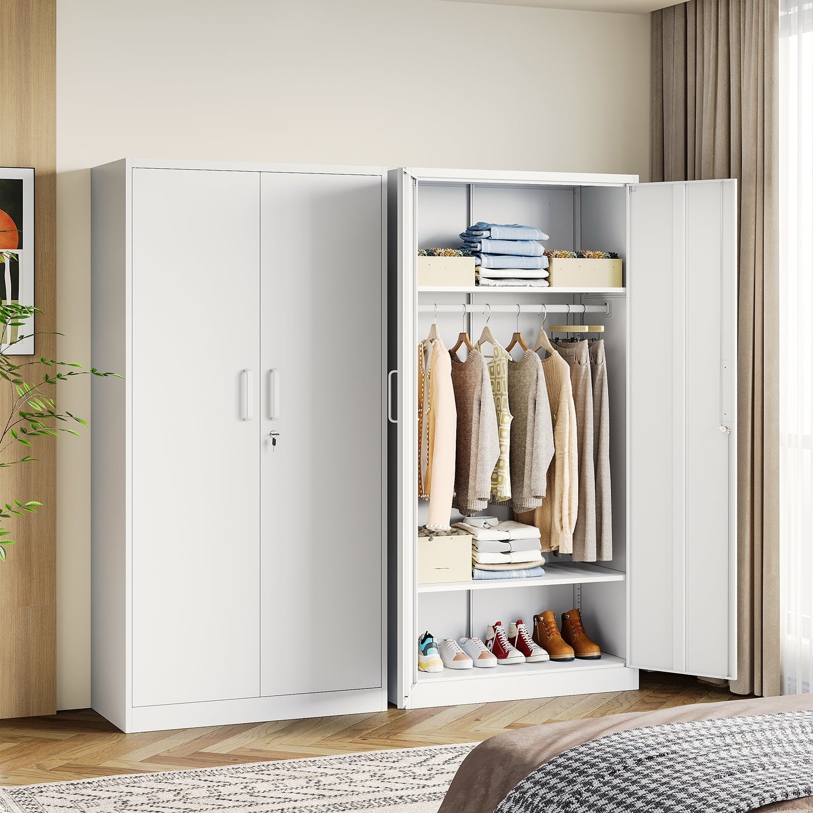 STANI Metal Wardrobe Closet with Hanging Rod, 72 White Armoire Wardrobe Cabinet with Adjustable Shelves, Clothes Storage Organizer Cabinets for Bedroom, Bathroom, Office